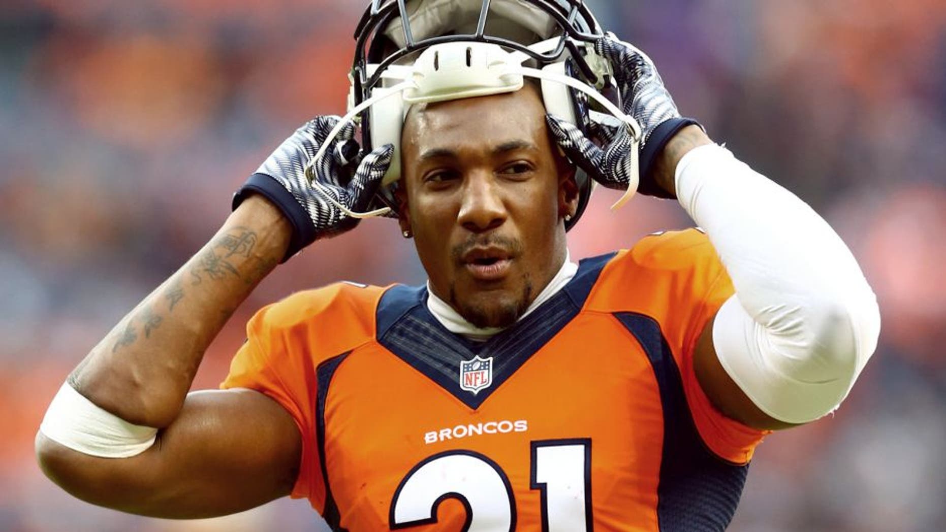 Jan 11, 2015; Denver, CO, USA; Denver Broncos cornerback Aqib Talib in the first quarter against the Indianapolis Colts in the 2014 AFC Divisional playoff football game at Sports Authority Field at Mile High. The Colts defeated the Broncos 24-13. Mandatory Credit: Mark J. Rebilas-USA TODAY Sports