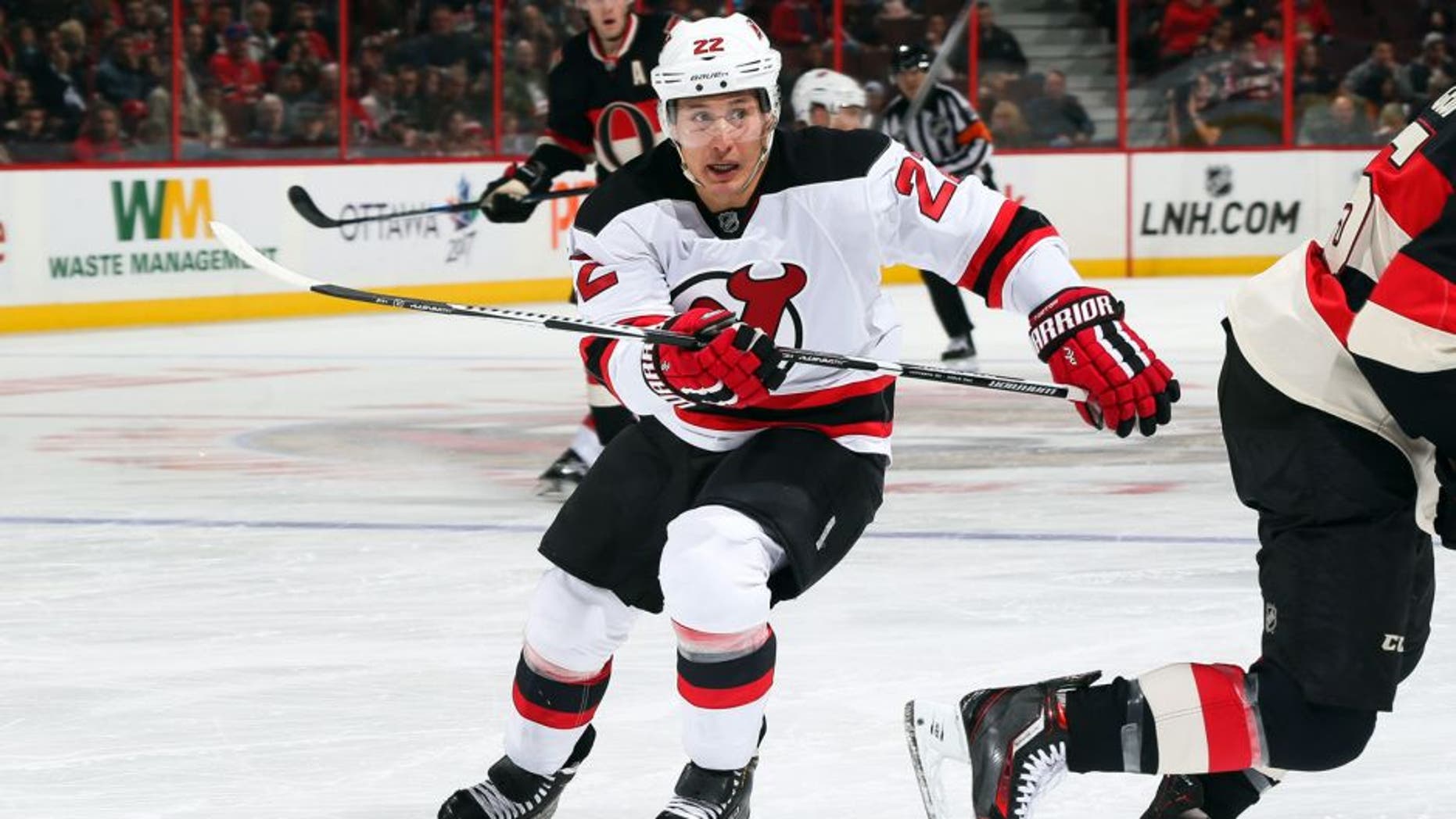 OTTAWA, ON - OCTOBER 22: Jordin Tootoo #22 of the New Jersey Devils skates against the Ottawa Senators at Canadian Tire Centre on October 22, 2015 in Ottawa, Ontario, Canada. (Photo by Andre Ringuette/NHLI via Getty Images)