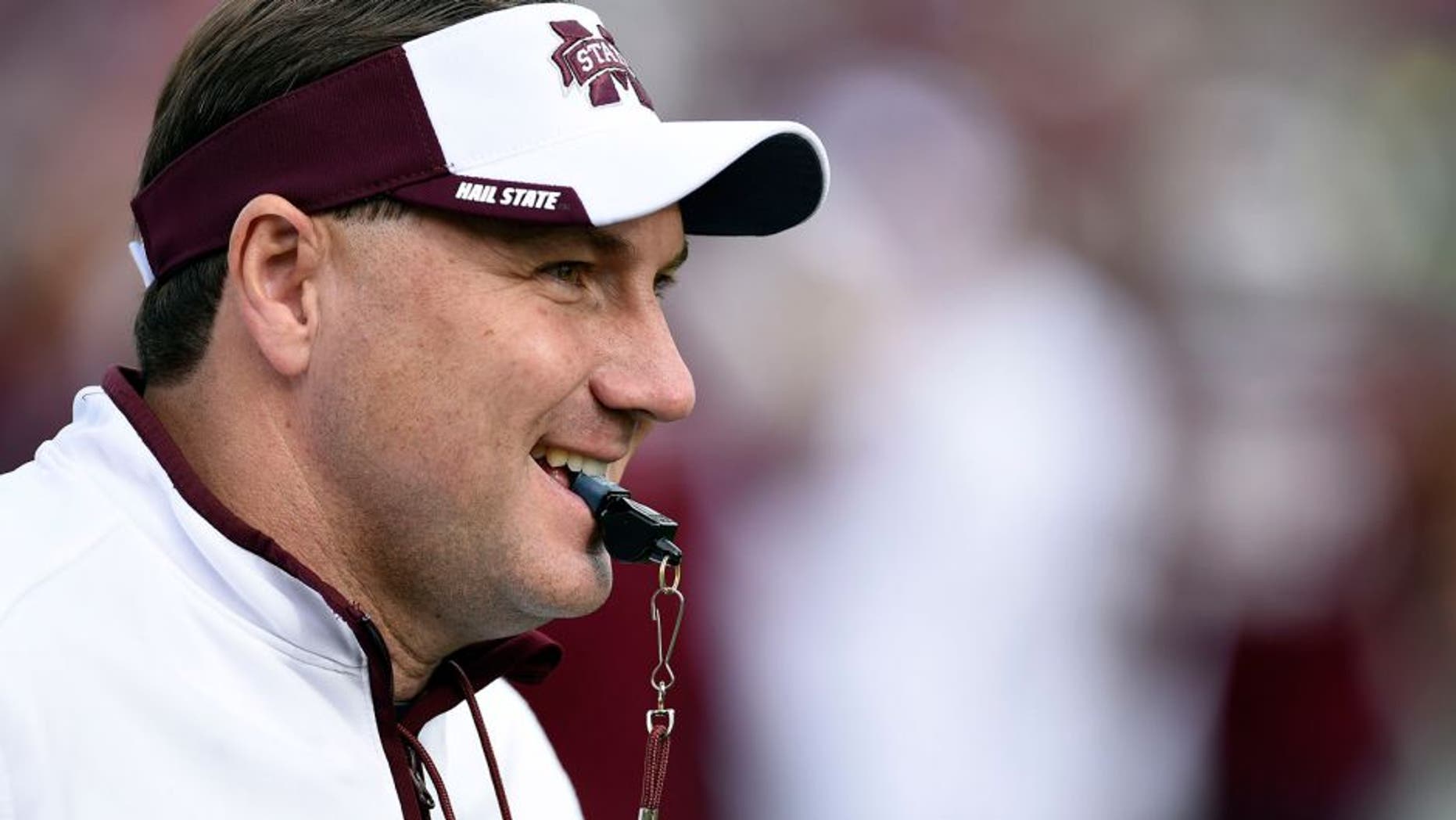 Nov 8, 2014; Starkville, MS, USA; Mississippi State Bulldogs head coach Dan Mullen during pre game warmups before their game against the UT Martin Skyhawks at Davis Wade Stadium. Mandatory Credit: John David Mercer-USA TODAY Sports