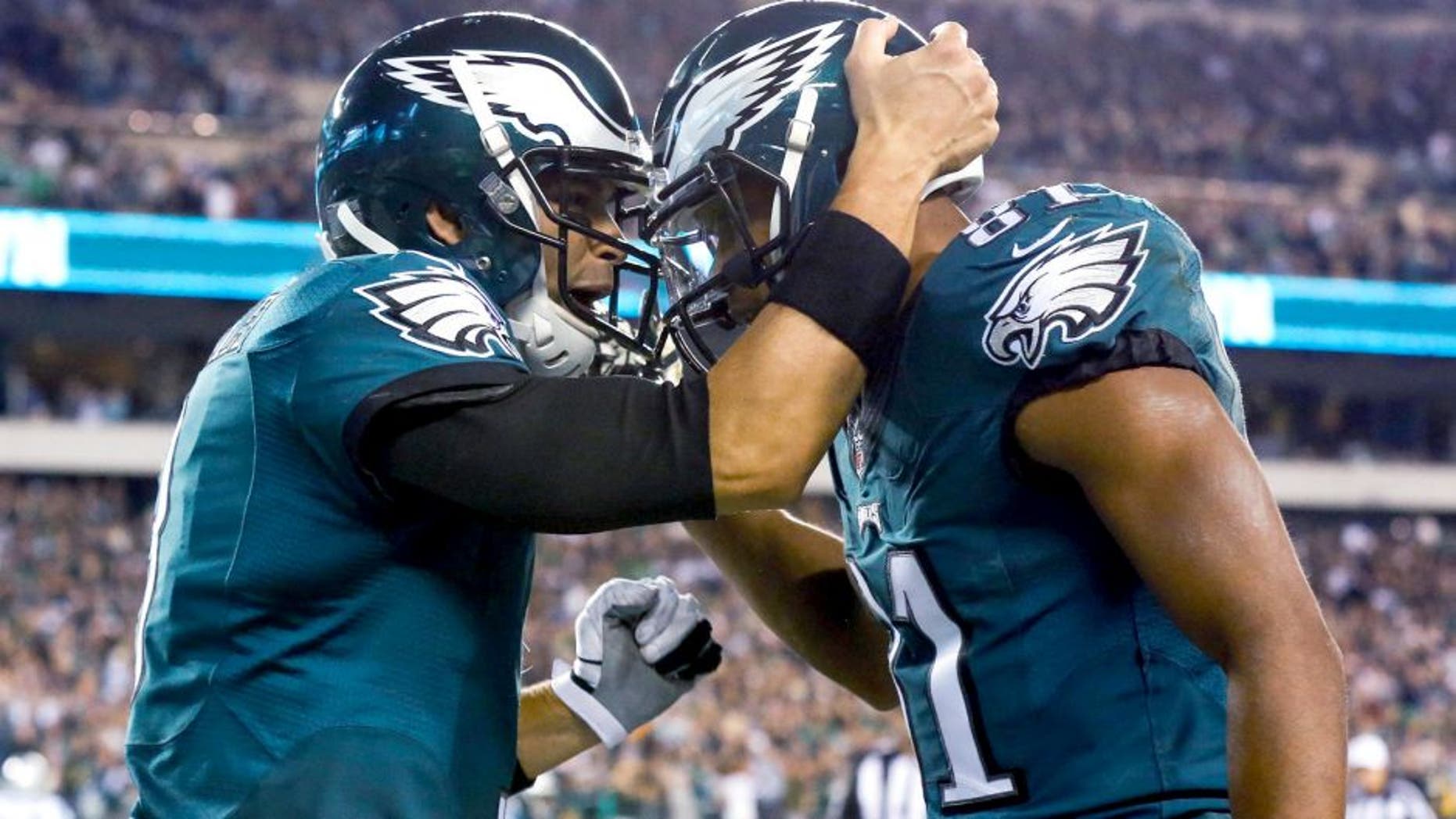 Nov 10, 2014; Philadelphia, PA, USA; Philadelphia Eagles quarterback Mark Sanchez (3) and wide receiver Jordan Matthews (81) celebrate their touchdown connection against the Carolina Panthers during the second quarter at Lincoln Financial Field. Mandatory Credit: Bill Streicher-USA TODAY Sports