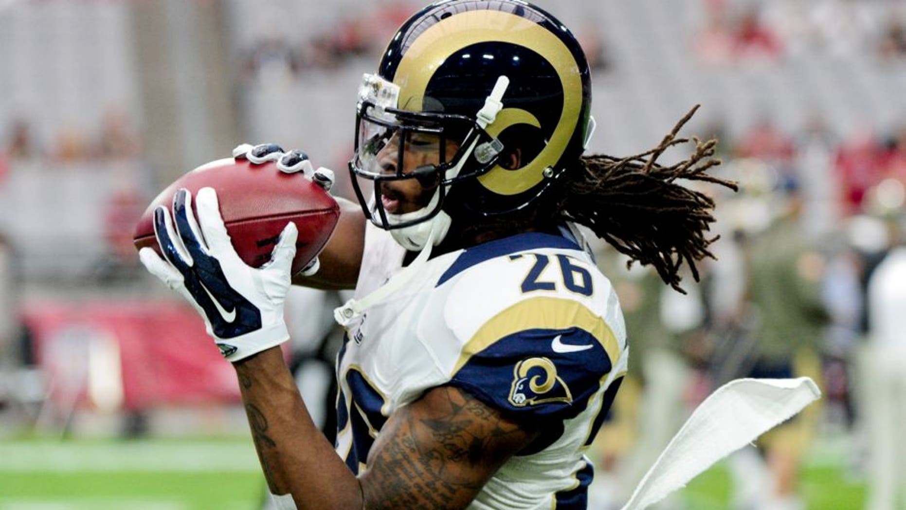 Nov 9, 2014; Glendale, AZ, USA; St. Louis Rams strong safety Mark Barron (26) warms up prior to the game against the Arizona Cardinals at University of Phoenix Stadium. Mandatory Credit: Matt Kartozian-USA TODAY Sports