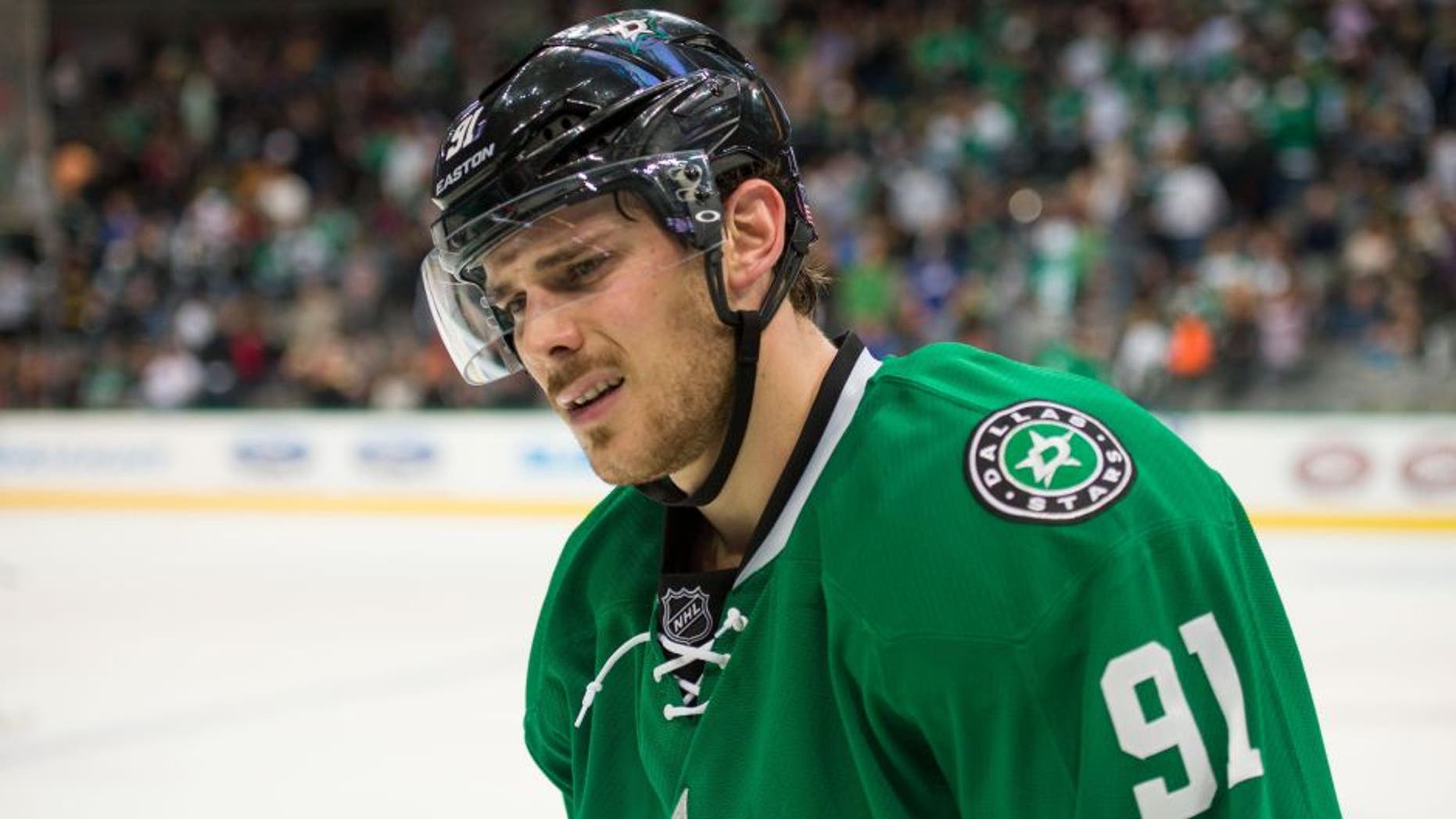 Nov 8, 2014; Dallas, TX, USA; Dallas Stars center Tyler Seguin (91) reacts to his team giving up the lead to the San Jose Sharks at the American Airlines Center. Seguin scores a hat trick. The Sharks defeated the Stars 5-3. Mandatory Credit: Jerome Miron-USA TODAY Sports