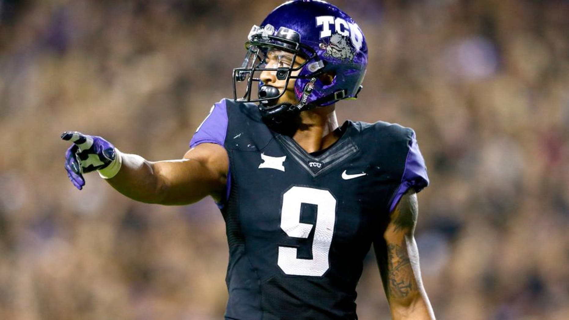 Oct 29, 2015; Fort Worth, TX, USA; TCU Horned Frogs wide receiver Josh Doctson (9) during the game against the West Virginia Mountaineers at Amon G. Carter Stadium. Mandatory Credit: Kevin Jairaj-USA TODAY Sports