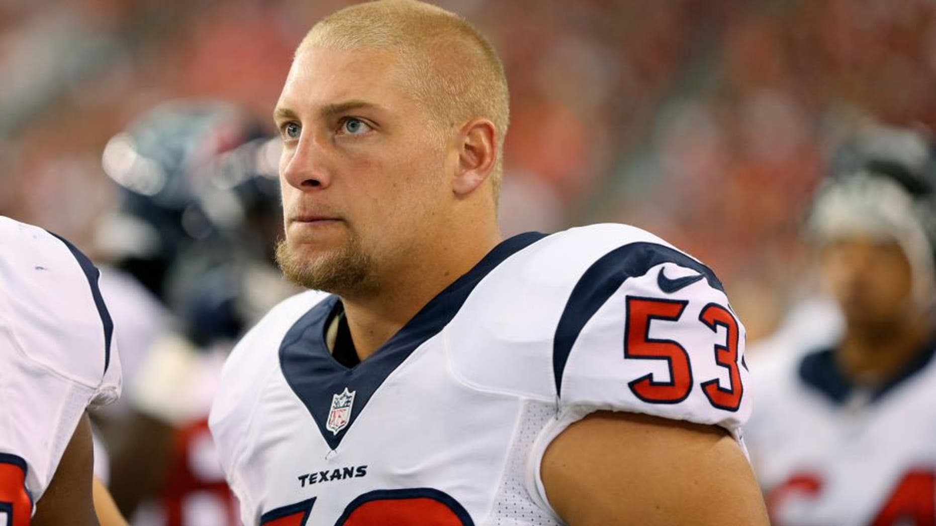 Aug 9, 2014; Glendale, AZ, USA; Houston Texans linebacker Max Bullough (53) against the Arizona Cardinals during a preseason game at University of Phoenix Stadium. Mandatory Credit: Mark J. Rebilas-USA TODAY Sports