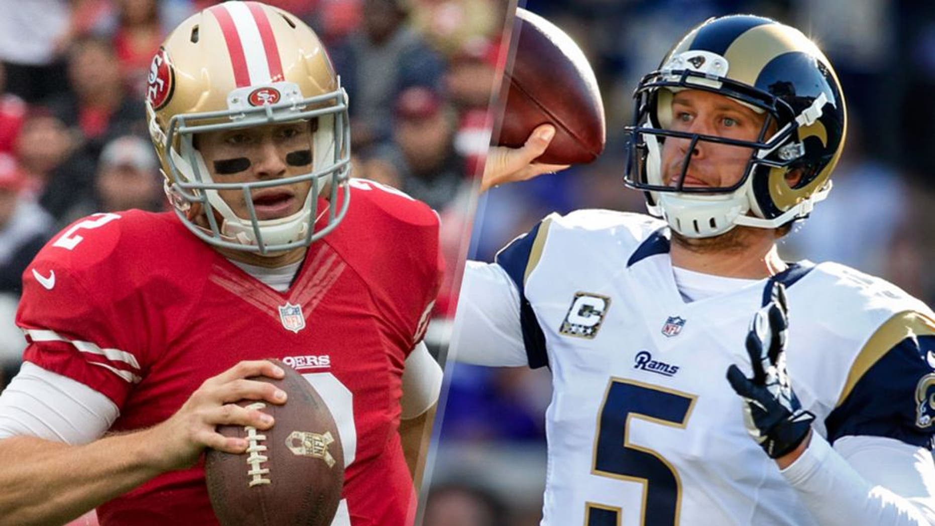 November 8, 2015; Santa Clara, CA, USA; San Francisco 49ers quarterback Blaine Gabbert (2) runs with the football during the first quarter against the Atlanta Falcons at Levi's Stadium. The 49ers defeated the Falcons 17-16. Mandatory Credit: Kyle Terada-USA TODAY Sports Nov 8, 2015; Minneapolis, MN, USA; St. Louis Rams quarterback Nick Foles (5) passes against the Minnesota Vikings in the second quarter at TCF Bank Stadium. The Vikings win 21-18. Mandatory Credit: Bruce Kluckhohn-USA TODAY Sports