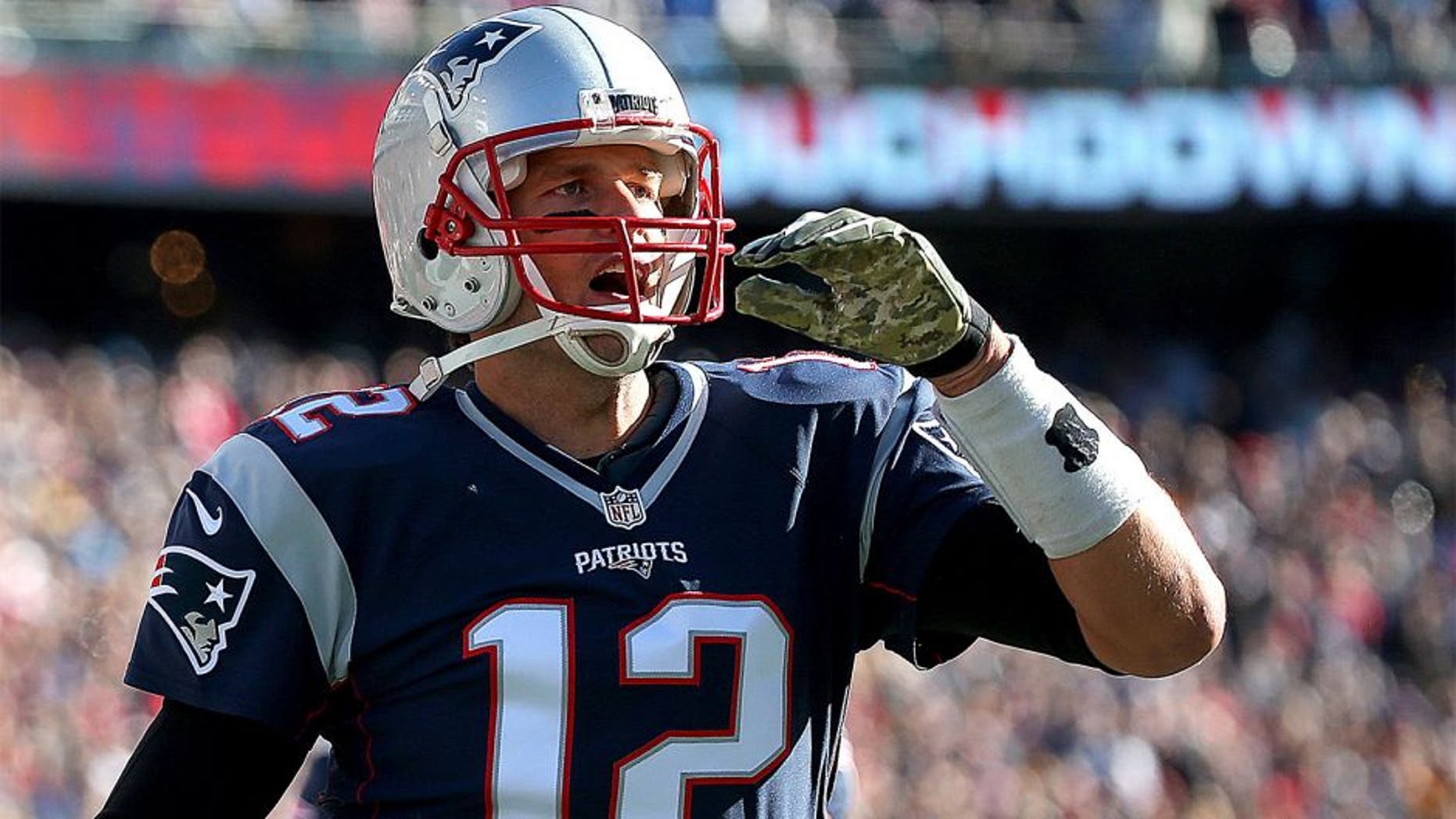 FOXBORO, MA - NOVEMBER 8: Tom Brady #12 of the New England Patriots celebrates a touchdown by LeGarrette Blount #29 in the first half against the Washington Redskins at Gillette Stadium on November 8, 2015 in Foxboro, Massachusetts. (Photo by Jim Rogash/Getty Images)