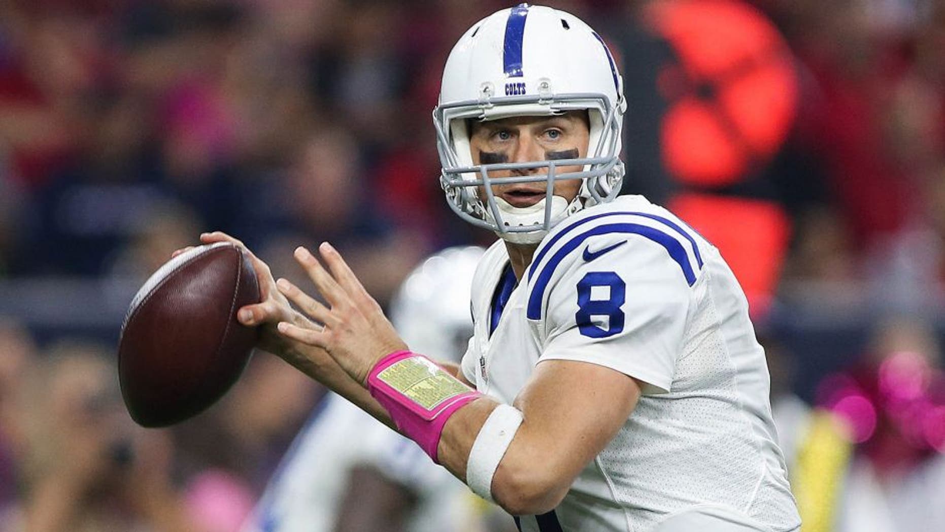 Oct 8, 2015; Houston, TX, USA; Indianapolis Colts quarterback Matt Hasselbeck (8) attempts a pass during the game against the Houston Texans at NRG Stadium. Mandatory Credit: Troy Taormina-USA TODAY Sports