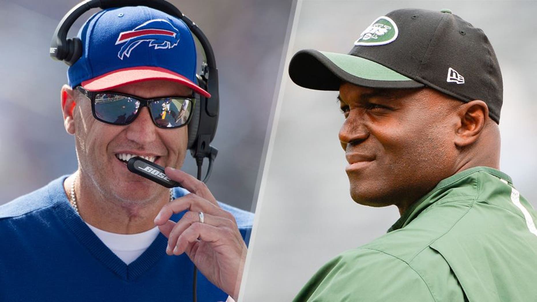 Head coach Rex Ryan of the Buffalo Bills looks on during a NFL game against the Tennessee Titans at Nissan Stadium on October 11, 2015 in Nashville, Tennessee. (Photo by Ronald C. Modra/Sports Imagery/Getty Images) Head coach Todd Bowles of the New York Jets looks on before a game against the Philadelphia Eagles at MetLife Stadium on September 27, 2015 in East Rutherford, New Jersey. (Photo by Alex Goodlett/Getty Images)