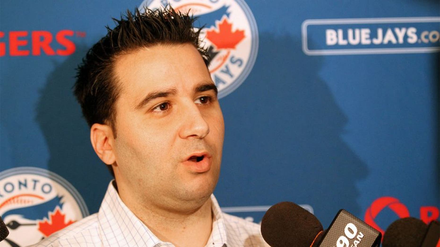 Dec 6, 2011; Dallas, TX, USA; Toronto Blue Jays general manager Alex Anthopoulos answers questions during the MLB winter meetings at Hilton Anatole. Mandatory Credit: Matthew Emmons-USA TODAY Sports