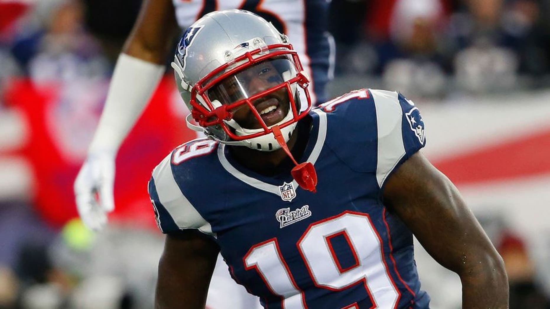 Nov 2, 2014; Foxborough, MA, USA; New England Patriots wide receiver Brandon LaFell (19) smiles during the first quarter against the Denver Broncos at Gillette Stadium. Mandatory Credit: Winslow Townson-USA TODAY Sports