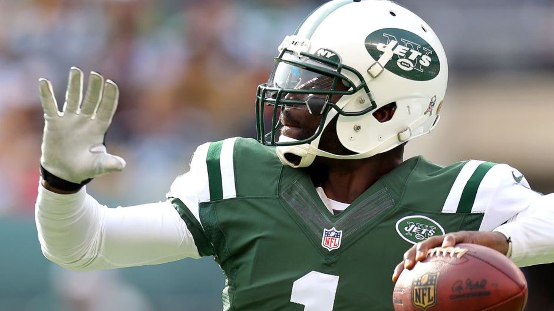 Nov 9, 2014; East Rutherford, NJ, USA; New York Jets quarterback Michael Vick (1) passes against the Pittsburgh Steelers during the first quarter at MetLife Stadium. Mandatory Credit: Adam Hunger-USA TODAY Sports