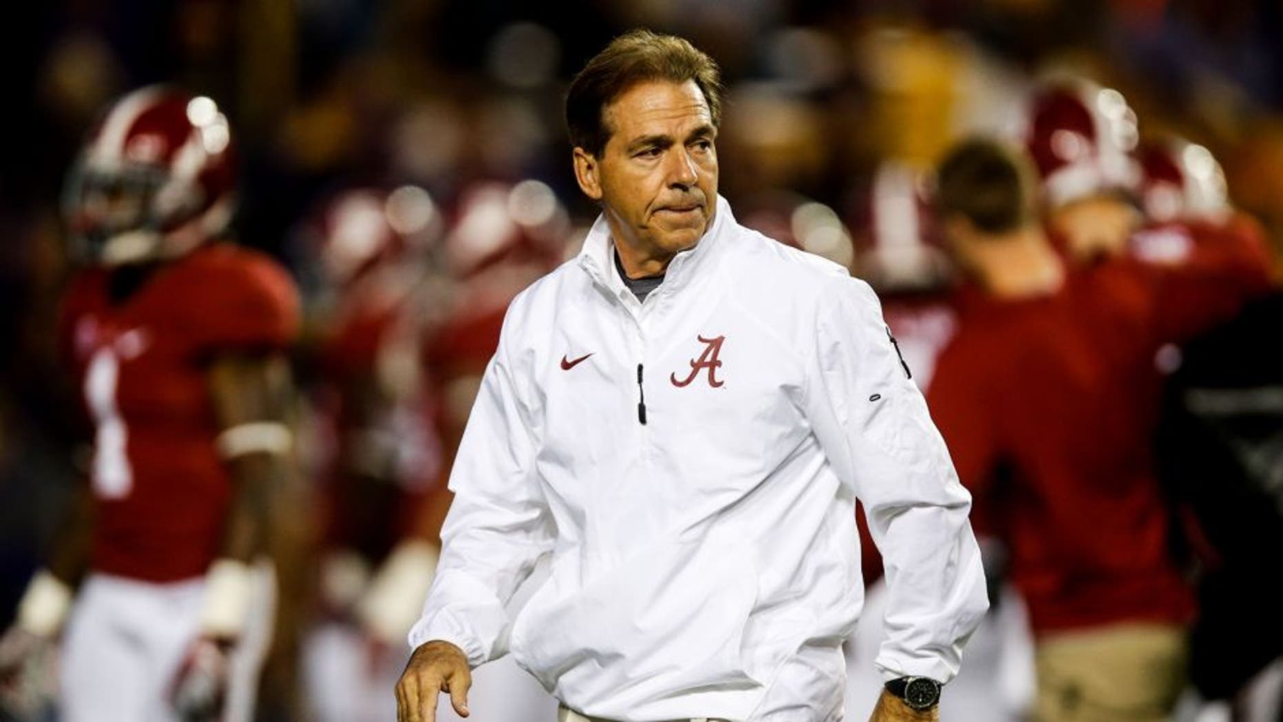 Nov 8, 2014; Baton Rouge, LA, USA; Alabama Crimson Tide head coach Nick Saban before a game against the LSU Tigers at Tiger Stadium. Mandatory Credit: Derick E. Hingle-USA TODAY Sports