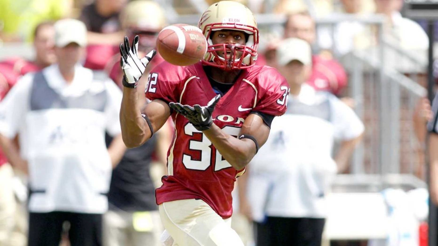 Aug 31, 2013; Atlanta, GA, USA; Elon Phoenix wide receiver Demitri Allison (32) catches a pass against the Georgia Tech Yellow Jackets in the third quarter at Bobby Dodd Stadium. Georgia Tech defeated Elon 70-0. Mandatory Credit: Brett Davis-USA TODAY Sports