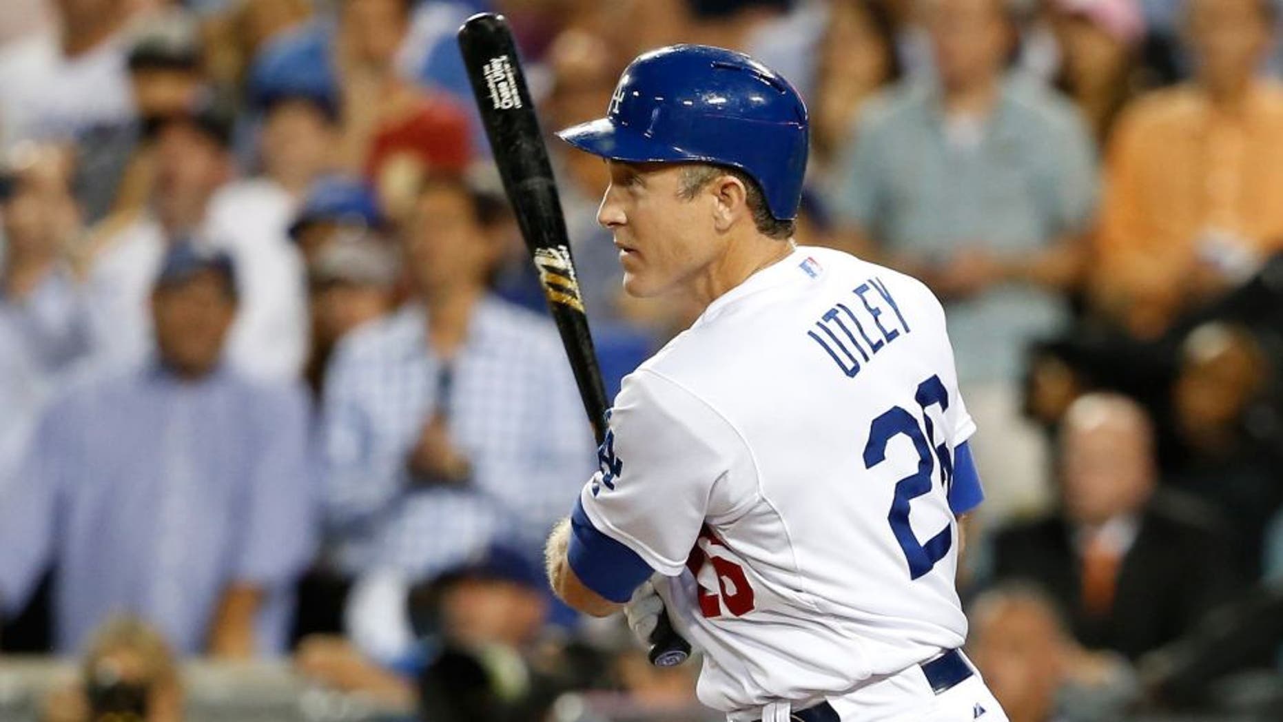 LOS ANGELES, CA - OCTOBER 15: Chase Utley #26 of the Los Angeles Dodgers flies out in the ninth inning while taking on the New York Mets in game five of the National League Division Series at Dodger Stadium on October 15, 2015 in Los Angeles, California. (Photo by Sean M. Haffey/Getty Images)