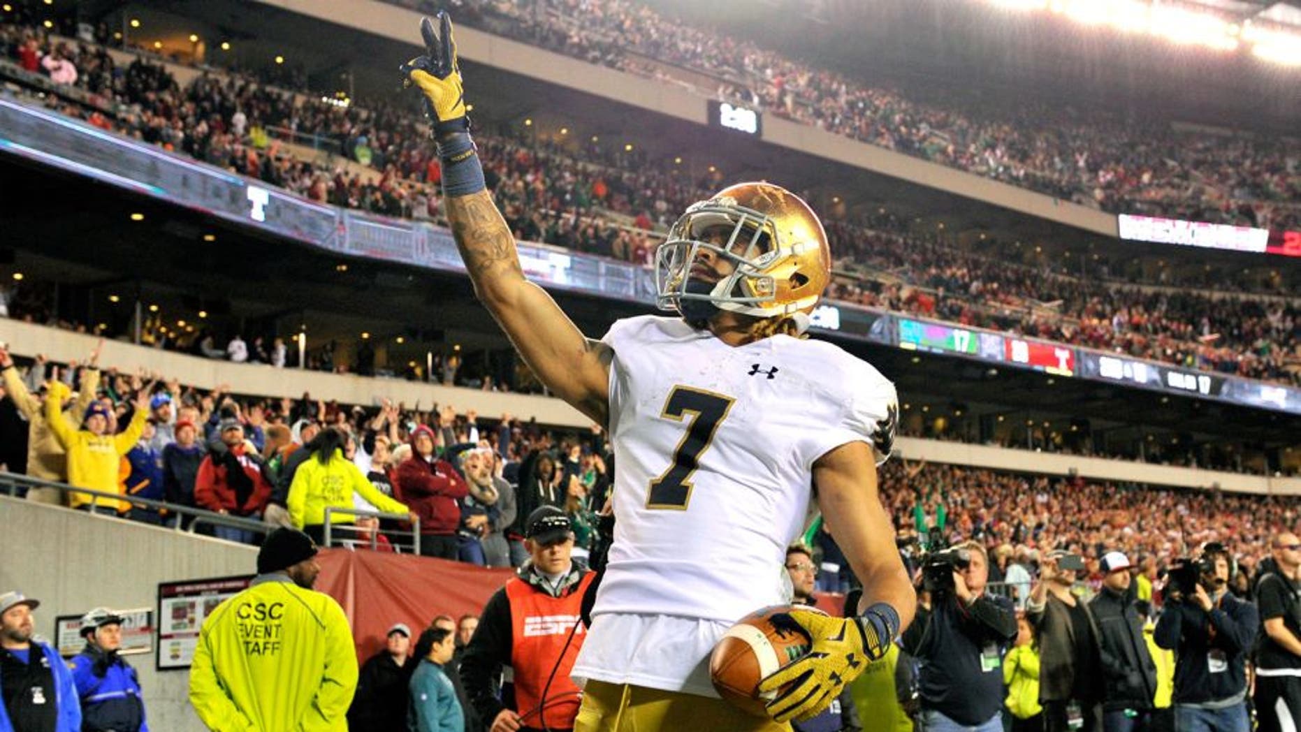 Oct 31, 2015; Philadelphia, PA, USA; Notre Dame Fighting Irish wide receiver Will Fuller (7) reacts after scoring a touchdown against the Temple Owls during the second half at Lincoln Financial Field. Notre Dame won the game 24-20. Mandatory Credit: Derik Hamilton-USA TODAY Sports