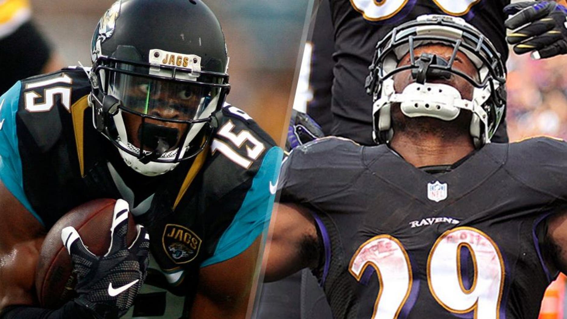 Aug 14, 2015; Jacksonville, FL, USA; Jacksonville Jaguars wide receiver Allen Robinson (15) runs in the first quarter of a preseason NFL football game against the Pittsburgh Steelers at EverBank Field. Mandatory Credit: Phil Sears-USA TODAY Sports Sep 28, 2014; Baltimore, MD, USA; Baltimore Ravens running back Justin Forsett (29) celebrates after scoring a touchdown in the second quarter against the Carolina Panthers at M&T Bank Stadium. Mandatory Credit: Evan Habeeb-USA TODAY Sports