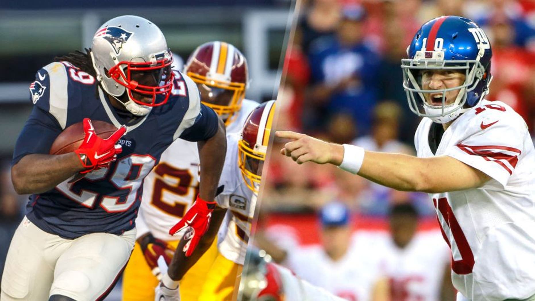 Nov 8, 2015; Foxborough, MA, USA; New England Patriots running back LeGarrette Blount (29) runs the ball against the Washington Redskins in the second half at Gillette Stadium. The Patriots defeated the Redskins 27-10. Mandatory Credit: David Butler II-USA TODAY Sports, Nov 8, 2015; Tampa, FL, USA; New York Giants quarterback Eli Manning (10) points against the Tampa Bay Buccaneers during the first half at Raymond James Stadium. Mandatory Credit: Kim Klement-USA TODAY Sports