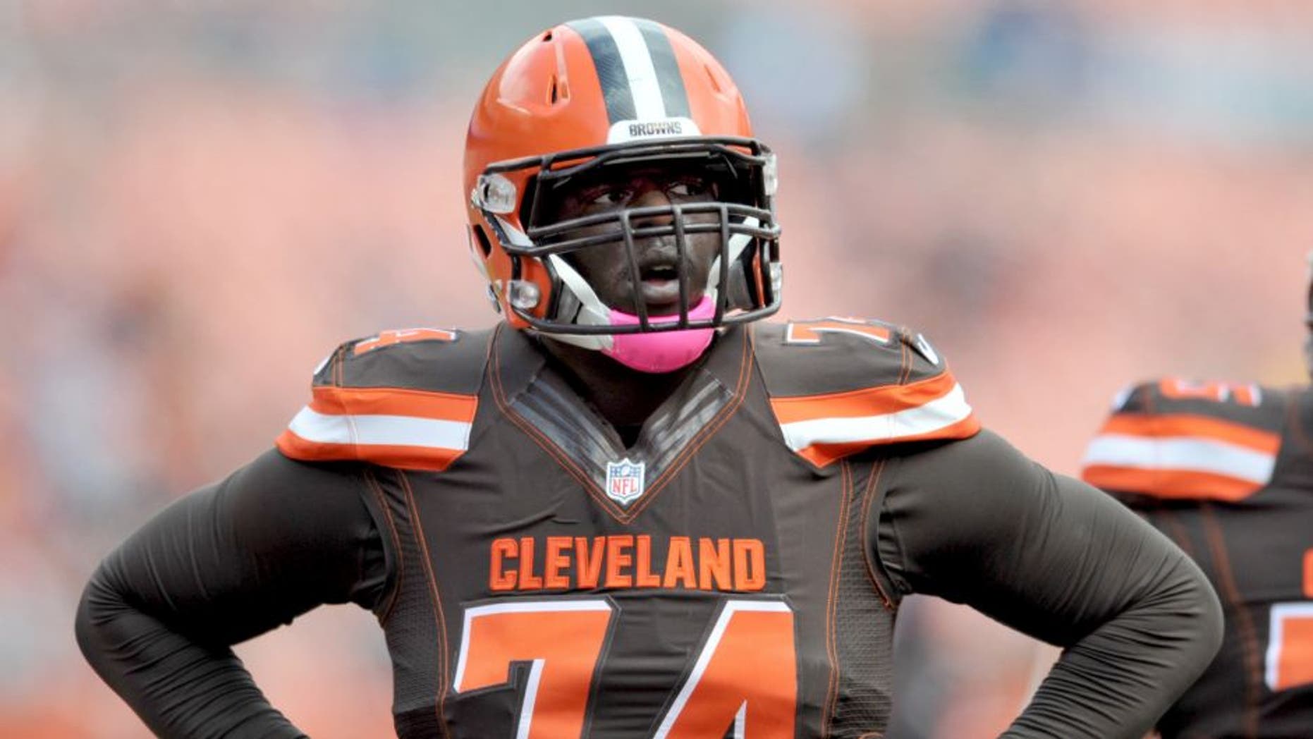 CLEVELAND, OH - OCTOBER 18, 2015: Offensive lineman Cameron Erving #74 of the Cleveland Browns walks onto the field prior to a game against the Denver Broncos on October 18, 2015 at FirstEnergy Stadium in Cleveland, Ohio. Denver won 26-23 in overtime. (Photo by Nick Cammett/Diamond Images/Getty Images)