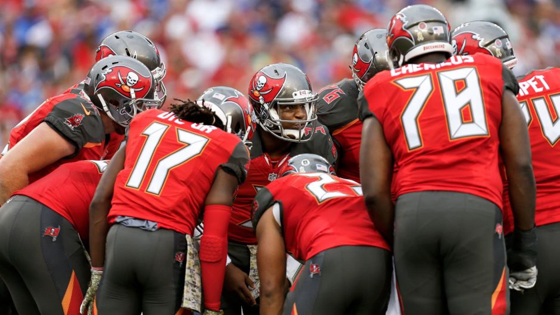 TAMPA, FL - NOVEMBER 8: Quarterback Jameis Winston #3 of the Tampa Bay Buccaneers calls a play in the huddle during the game against the New York Giants at Raymond James Stadium on November 8, 2015 in Tampa, Florida. The Giants defeated the Buccaneers 32 to 18. (Photo by Don Juan Moore/Getty Images)