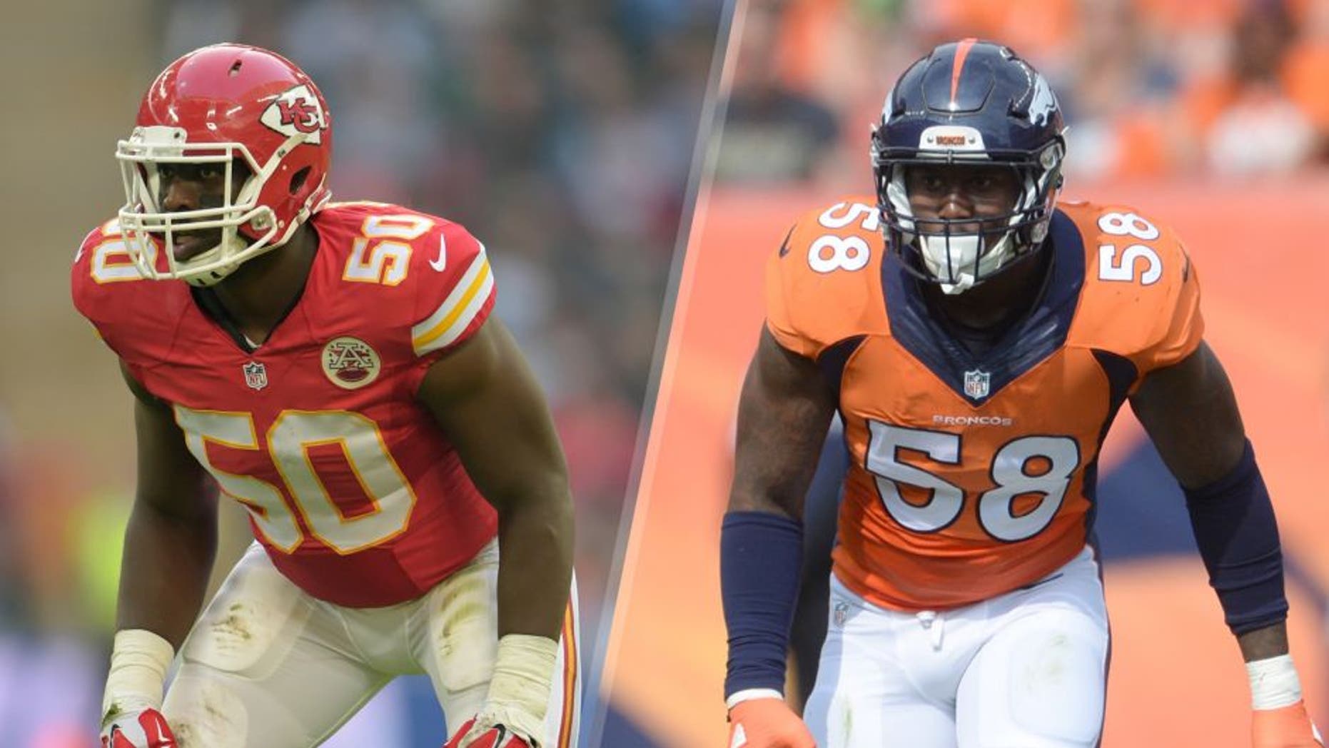 Nov 1, 2015; London, United Kingdom; Kansas City Chiefs linebacker Justin Houston (50) during game 14 of the NFL International Series against the Detroit Lions at Wembley Stadum. The Chiefs defeated the Lions 45-10. Mandatory Credit: Kirby Lee-USA TODAY Sports Sep 13, 2015; Denver, CO, USA; Denver Broncos outside linebacker Von Miller (58) in the first quarter against the Baltimore Ravens at Sports Authority Field at Mile High. Mandatory Credit: Ron Chenoy-USA TODAY Sports