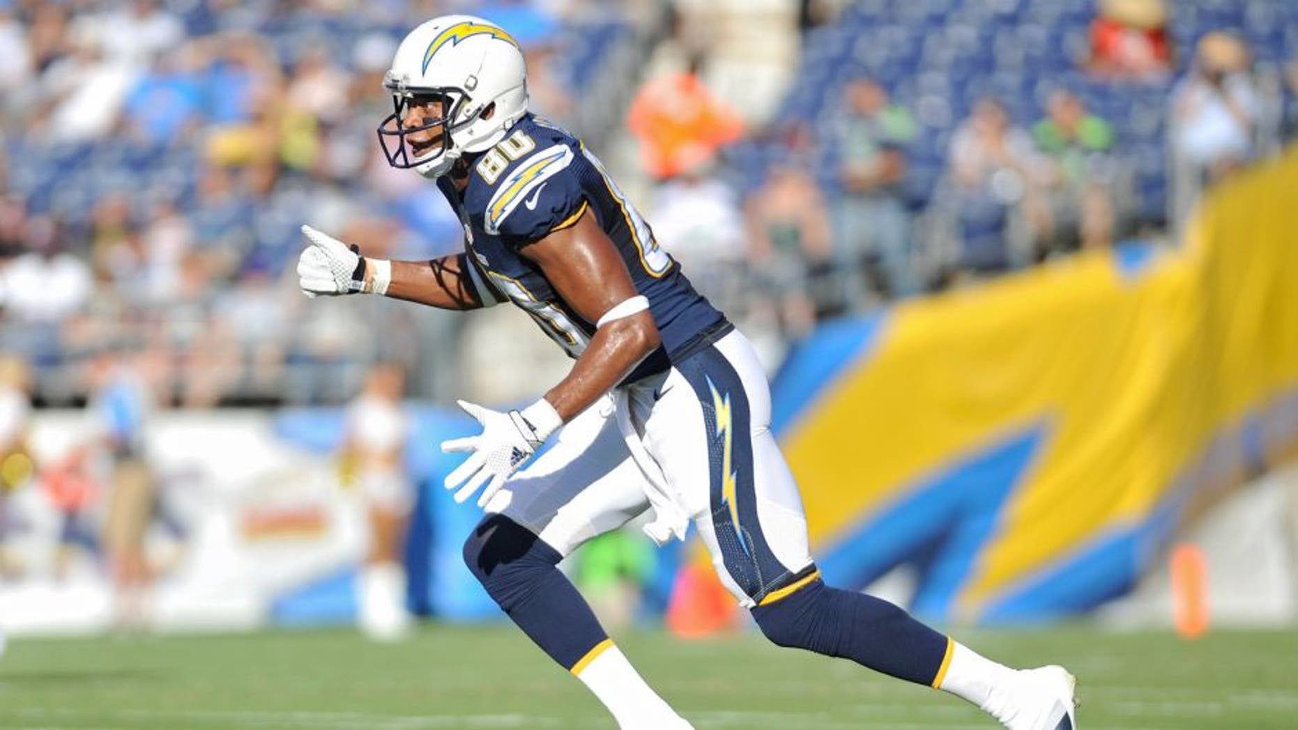 Aug 29, 2015; San Diego, CA, USA; San Diego Chargers wide receiver Malcom Floyd (80) runs during a preseason game against the Seattle Seahawks at Qualcomm Stadium. Seattle won 16-15. Mandatory Credit: Orlando Ramirez-USA TODAY Sports