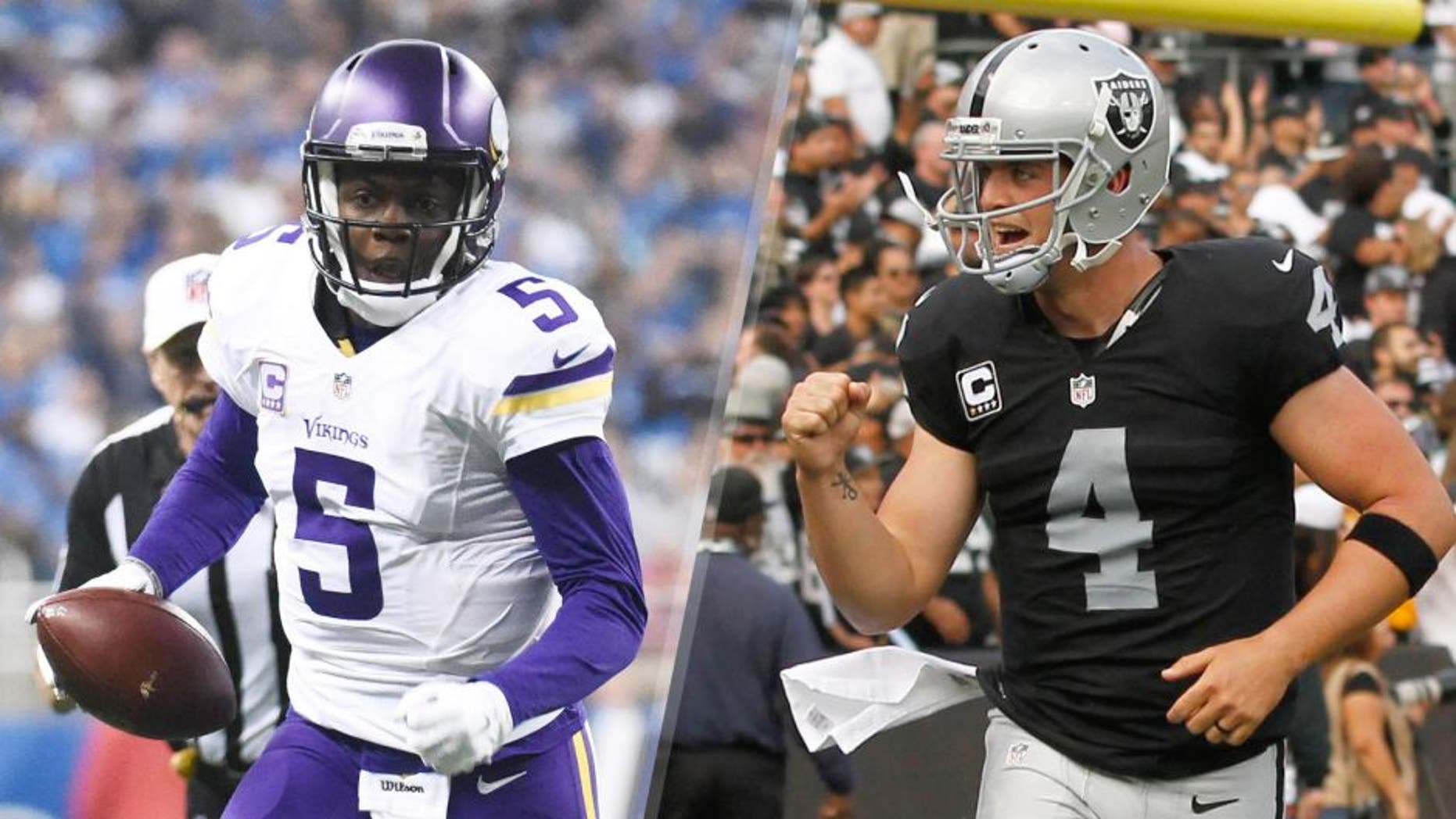 Oct 25, 2015; Detroit, MI, USA; Minnesota Vikings quarterback Teddy Bridgewater (5) carries the ball during the first quarter against the Detroit Lions at Ford Field. Mandatory Credit: Tim Fuller-USA TODAY Sports Nov 1, 2015; Oakland, CA, USA; Oakland Raiders quarterback Derek Carr (4) reacts after throwing a touchdown pass against the New York Jets in the third quarter at O.co Coliseum. The Raiders defeated the Jets 34-20. Mandatory Credit: Cary Edmondson-USA TODAY Sports
