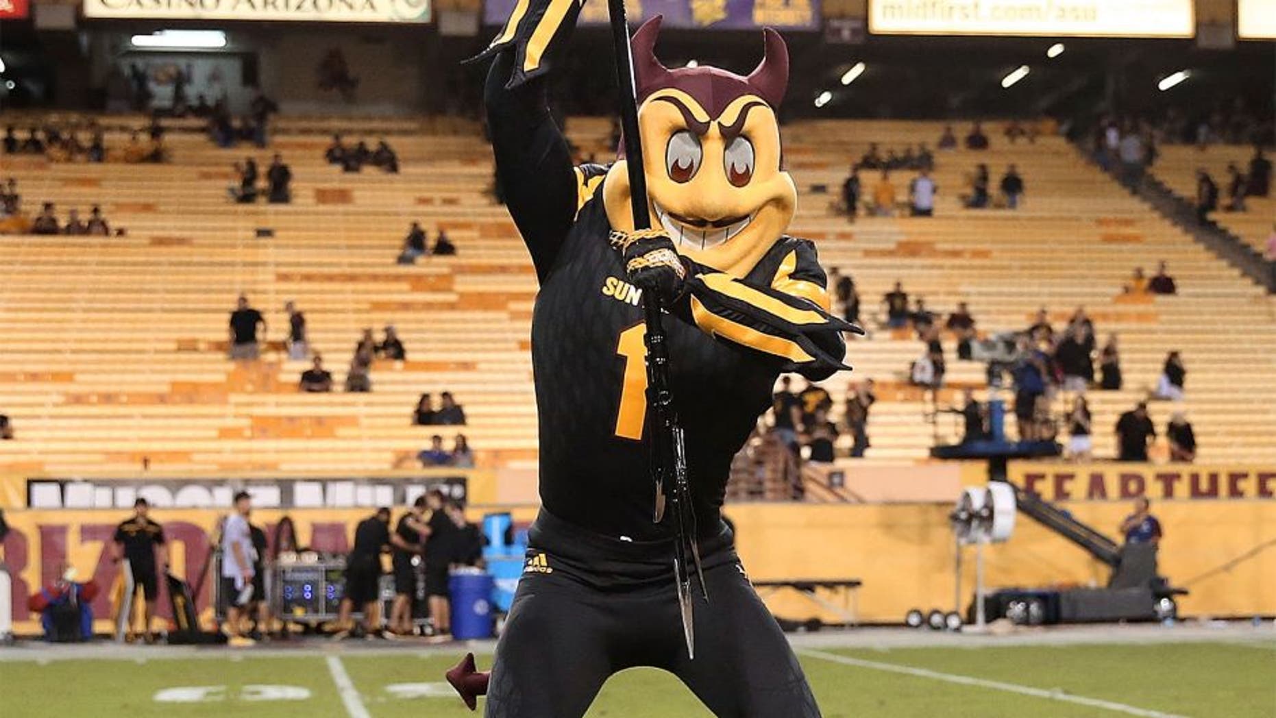 TEMPE, AZ - OCTOBER 10: Arizona State Sun Devils mascot Sparky spikes the pitchfork at center field after the college football game against the Colorado Buffaloes at Sun Devil Stadium on October 10, 2015 in Tempe, Arizona. The Arizona State Sun Devils beat the Colorado Buffaloes 48-23. (Photo by Chris Coduto/Getty Images)