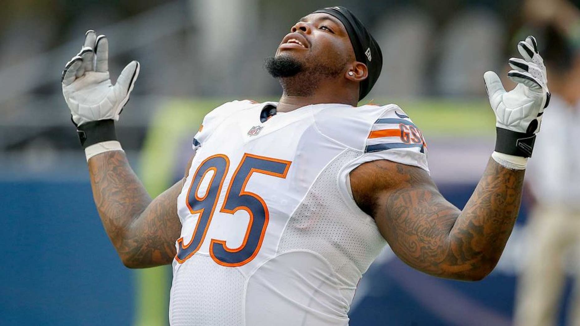 SEATTLE, WA - AUGUST 22: Defensive tackle Ego Ferguson #95 of the Chicago Bears warms up prior to the game against the Seattle Seahawks at CenturyLink Field on August 22, 2014 in Seattle, Washington. (Photo by Otto Greule Jr/Getty Images)