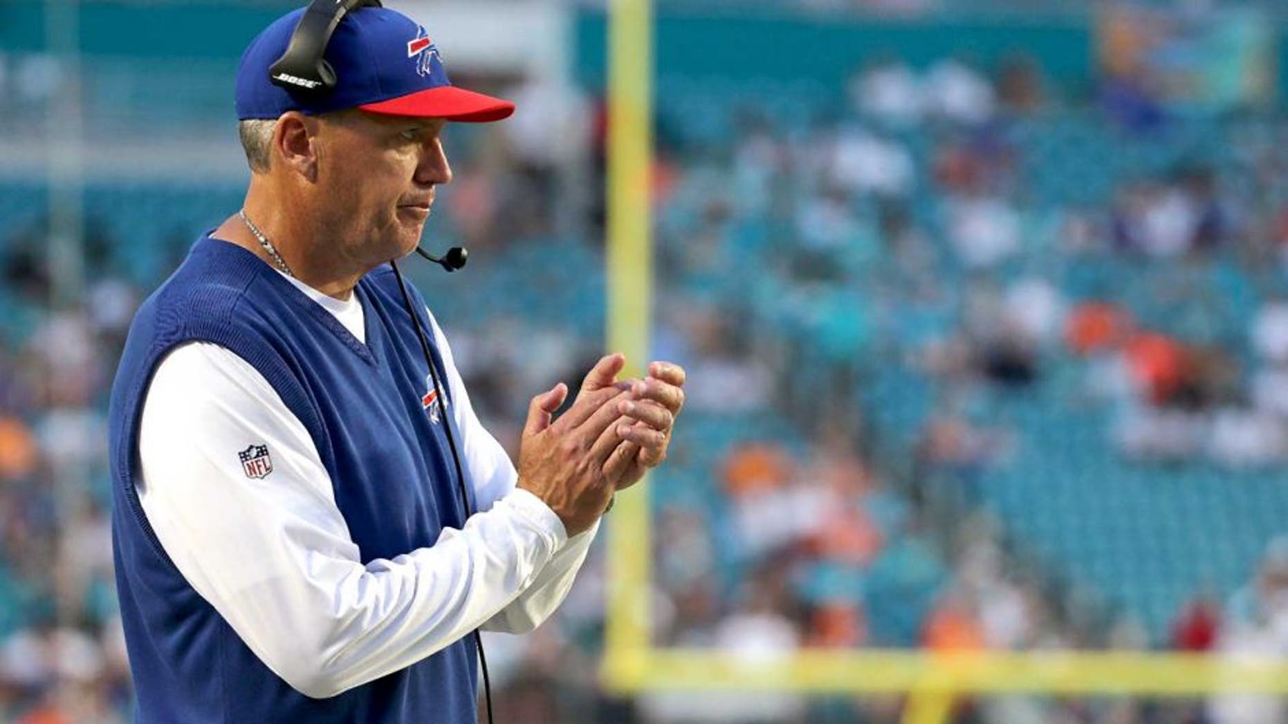 MIAMI GARDENS, FL - SEPTEMBER 27: Head coach Rex Ryan of the Buffalo Bills looks on during a game at Sun Life Stadium on September 27, 2015 in Miami Gardens, Florida. (Photo by Mike Ehrmann/Getty Images)