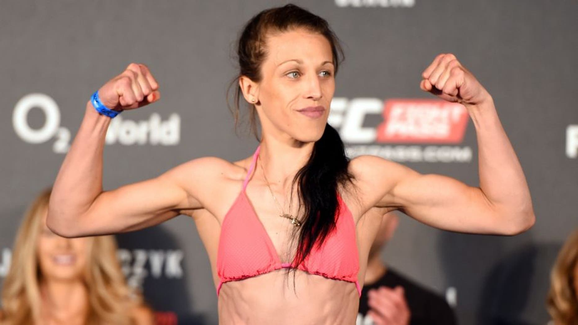 BERLIN, GERMANY - JUNE 19: UFC women's strawweight champion Joanna Jedrzejczyk of Poland weighs in during the UFC Berlin weigh-in at the O2 World on June 19, 2015 in Berlin, Germany. (Photo by Josh Hedges/Zuffa LLC/Zuffa LLC via Getty Images)