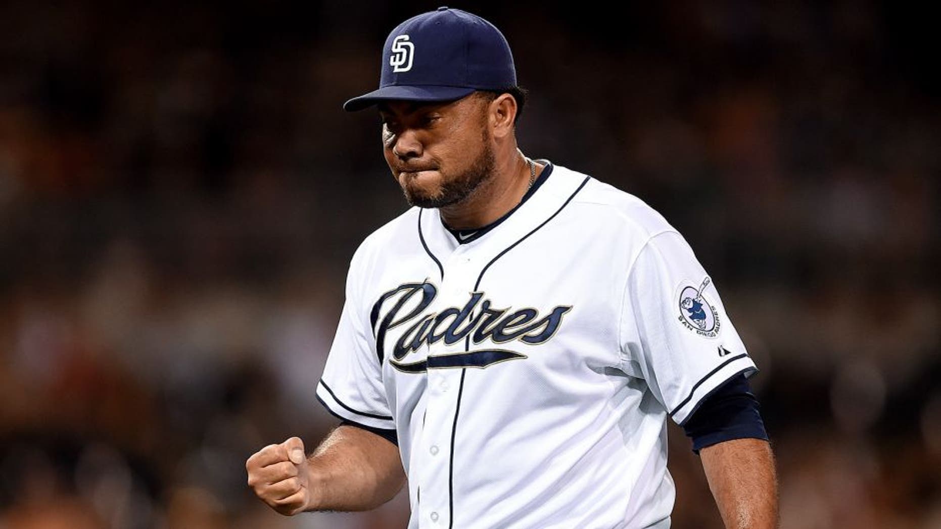 SAN DIEGO, CA - JULY 24: Joaquin Benoit #53 of the San Diego Padres pumps his fist after pitching in the 8th inning during the game against the Miami Marlins at Petco Park on July 24, 2015 in San Diego, California. (Photo by Andy Hayt/San Diego Padres/Getty Images)