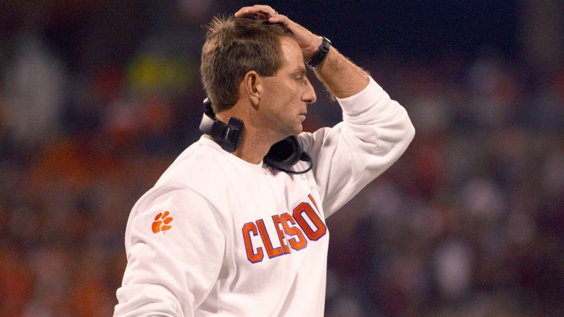 Oct 19, 2013; Clemson, SC, USA; Clemson Tigers head coach Dabo Swinney reacts after the play during the first half against the Florida State Seminoles at Clemson Memorial Stadium. Mandatory Credit: Joshua S. Kelly-USA TODAY Sports