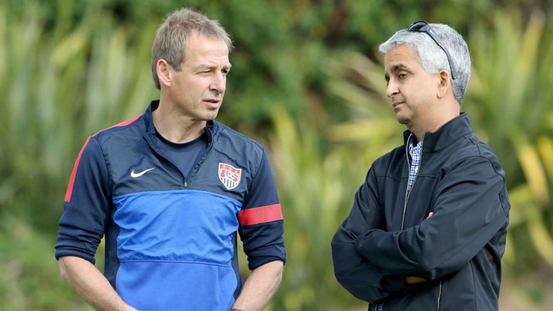 LOS ANGELES, CA - JANUARY 07: Head Coach Juergen Klinsmann of the U.S. Men's National Soccer team (L) and United States Soccer Federation President Sunil Gulati attend training at StubHub Center on January 7, 2014 in Los Angeles, California. (Photo by Victor Decolongon/Getty Images) *** Local Caption *** Juergen Klinsmann; Sunil Gulati