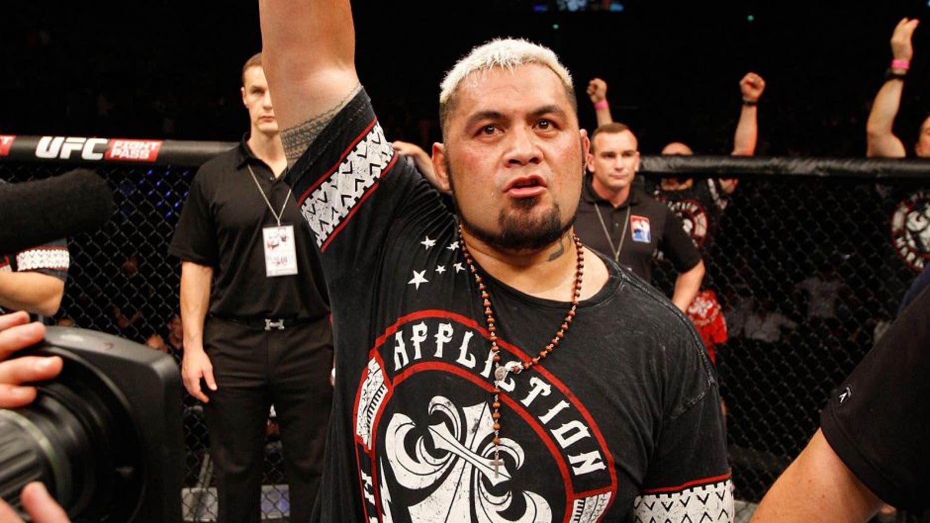 SAITAMA, JAPAN - SEPTEMBER 20: Mark Hunt celebrates after his win over Roy Nelson in their heavyweight bout during the UFC Fight Night event inside the Saitama Arena on September 20, 2014 in Saitama, Japan. (Photo by Mitch Viquez/Zuffa LLC/Zuffa LLC via Getty Images)