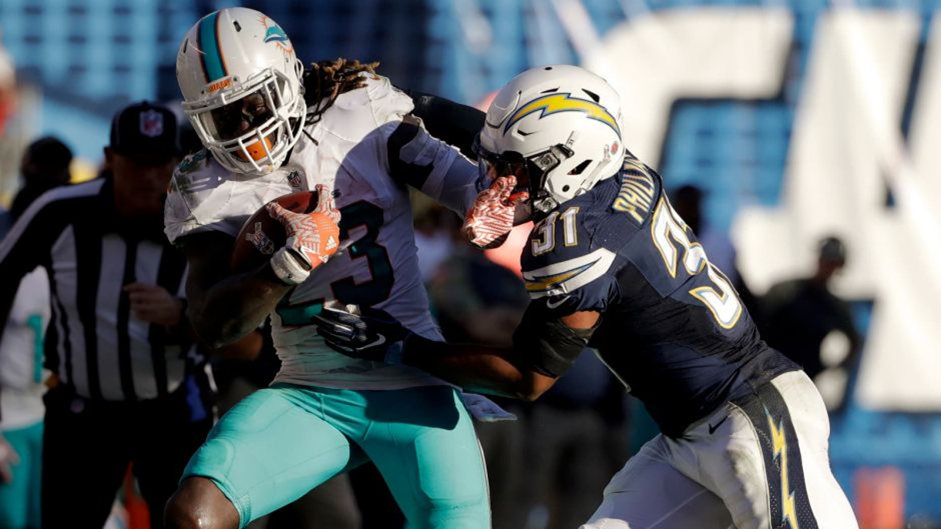 Miami Dolphins running back Jay Ajayi, left, is pushed out of bounds by San Diego Chargers strong safety Adrian Phillips during the second half of an NFL football game in San Diego, Sunday, Nov. 13, 2016. (AP Photo/Gregory Bull)