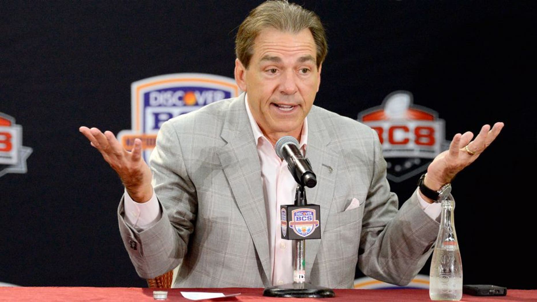 Jan 8, 2013; Fort Lauderdale FL, USA; Alabama Crimson Tide head coach Nick Saban addresses the media during the winning coach press conference at Harbor Beach Marriott Resort & Spa following Alabama's 42-14 win over Notre Dame last night in the 2013 BCS National Championship game. Mandatory Credit: John David Mercer-USA TODAY Sports
