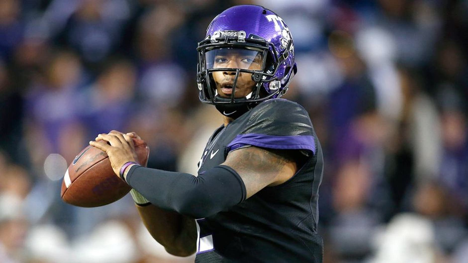 Nov 8, 2014; Fort Worth, TX, USA; TCU Horned Frogs quarterback Trevone Boykin (2) warms up before the game against the Kansas State Wildcats at Amon G. Carter Stadium. Mandatory Credit: Tim Heitman-USA TODAY Sports