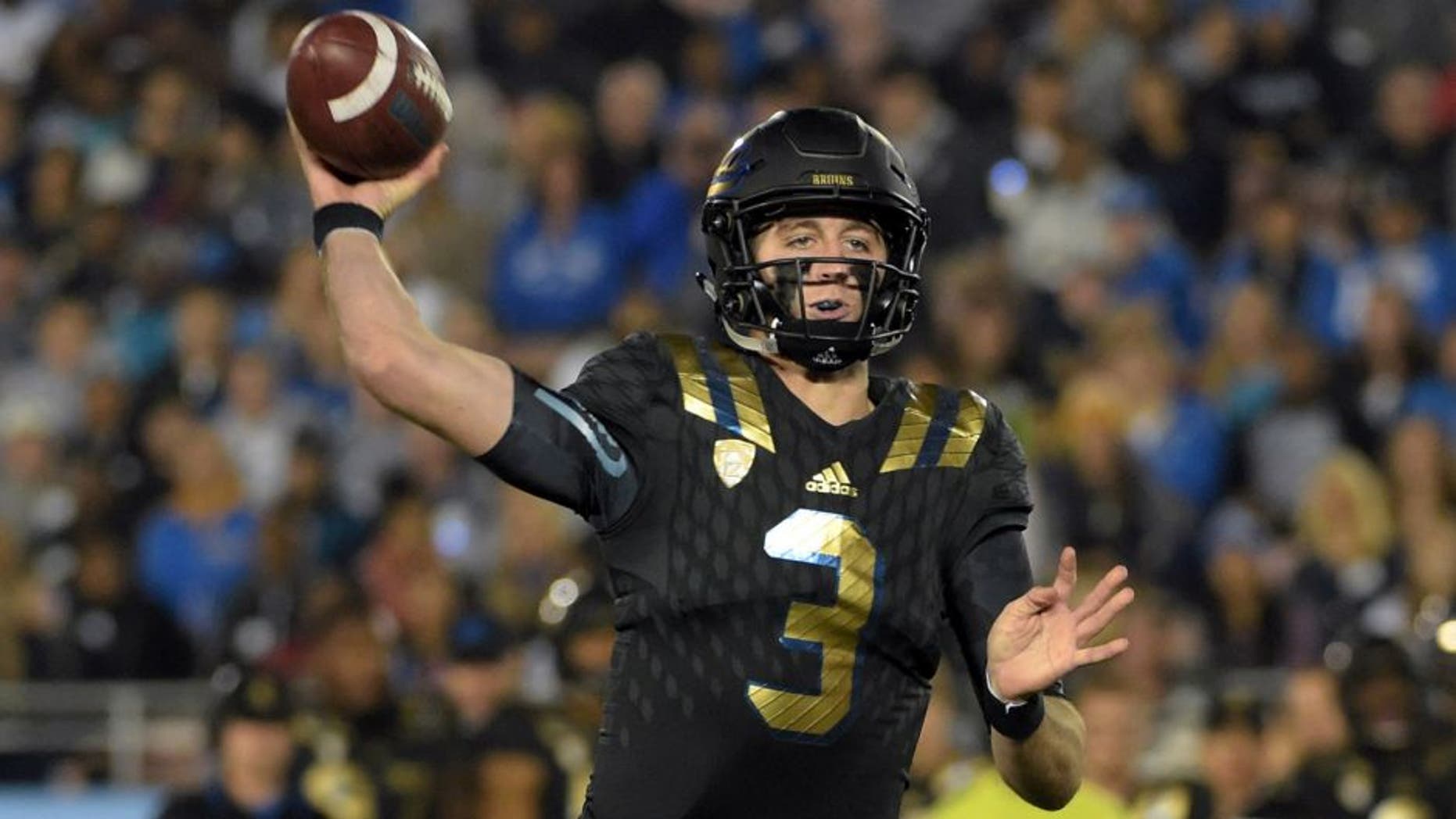 Nov 14, 2015; Pasadena, CA, USA; UCLA Bruins quarterback Josh Rosen (3) throws a pass against the Washington State Cougars in a NCAA football game at Rose Bowl. Mandatory Credit: Kirby Lee-USA TODAY Sports