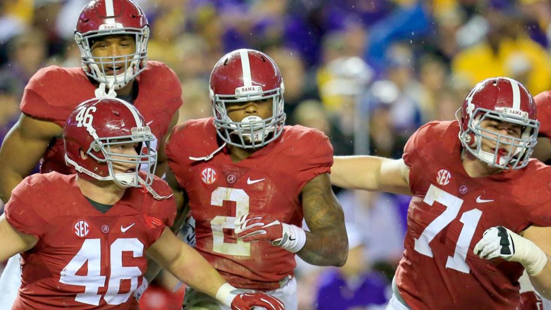 Nov 7, 2015; Tuscaloosa, AL, USA; Alabama Crimson Tide running back Derrick Henry (2) celebrates after touchdown during the second quarter against the LSU Tigers at Bryant-Denny Stadium. Mandatory Credit: Marvin Gentry-USA TODAY Sports