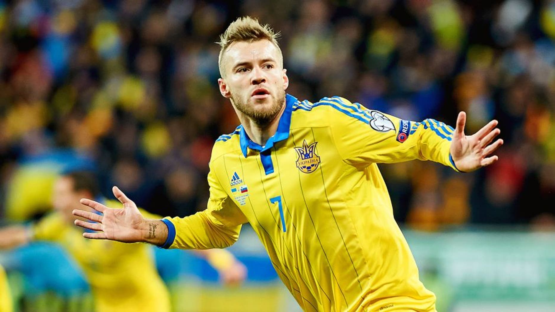 UKRAINE, LVIV - NOVEMBER 14: Andriy Yarmolenko from Ukraine celebrates after scoring the first goal during the UEFA EURO 2016 Play-off for Final Tournament, First leg between Ukraine and Slovenia at Lviv Arena on November 14, 2015 in Lviv, Ukraine. (Photo by Adam Nurkiewicz/Getty Images)