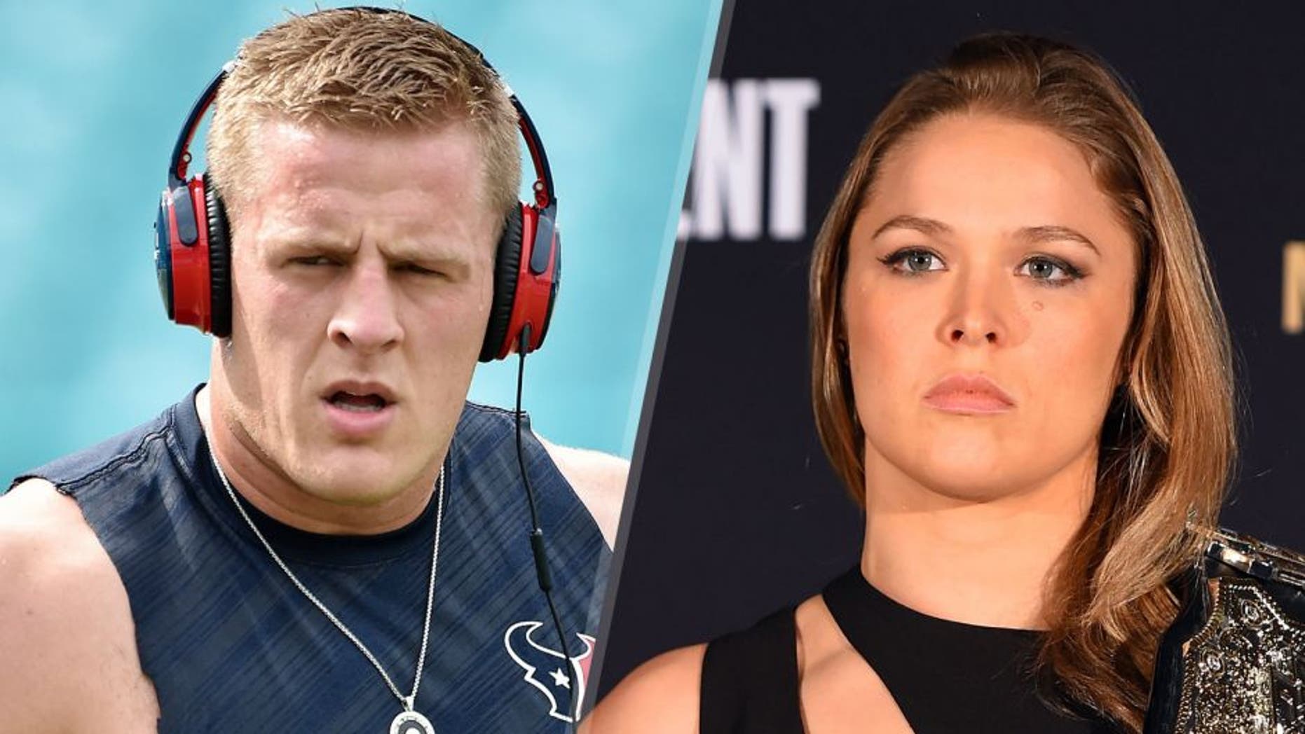 MIAMI GARDENS, FL - OCTOBER 25: J.J. Watt #99 of the Houston Texans warms up before a NFL game against the Miami Dolphins at Sun Life Stadium on October 25, 2015 in Miami Gardens, Florida. (Photo by Ronald C. Modra/Sports Imagery/Getty Images) , MELBOURNE, AUSTRALIA - NOVEMBER 13: UFC women's bantamweight champion Ronda Rousey of the United States poses for photos during the UFC 193 Ultimate Media Day festivities at Etihad Stadium on November 13, 2015 in Melbourne, Australia. (Photo by Josh Hedges/Zuffa LLC/Zuffa LLC via Getty Images)
