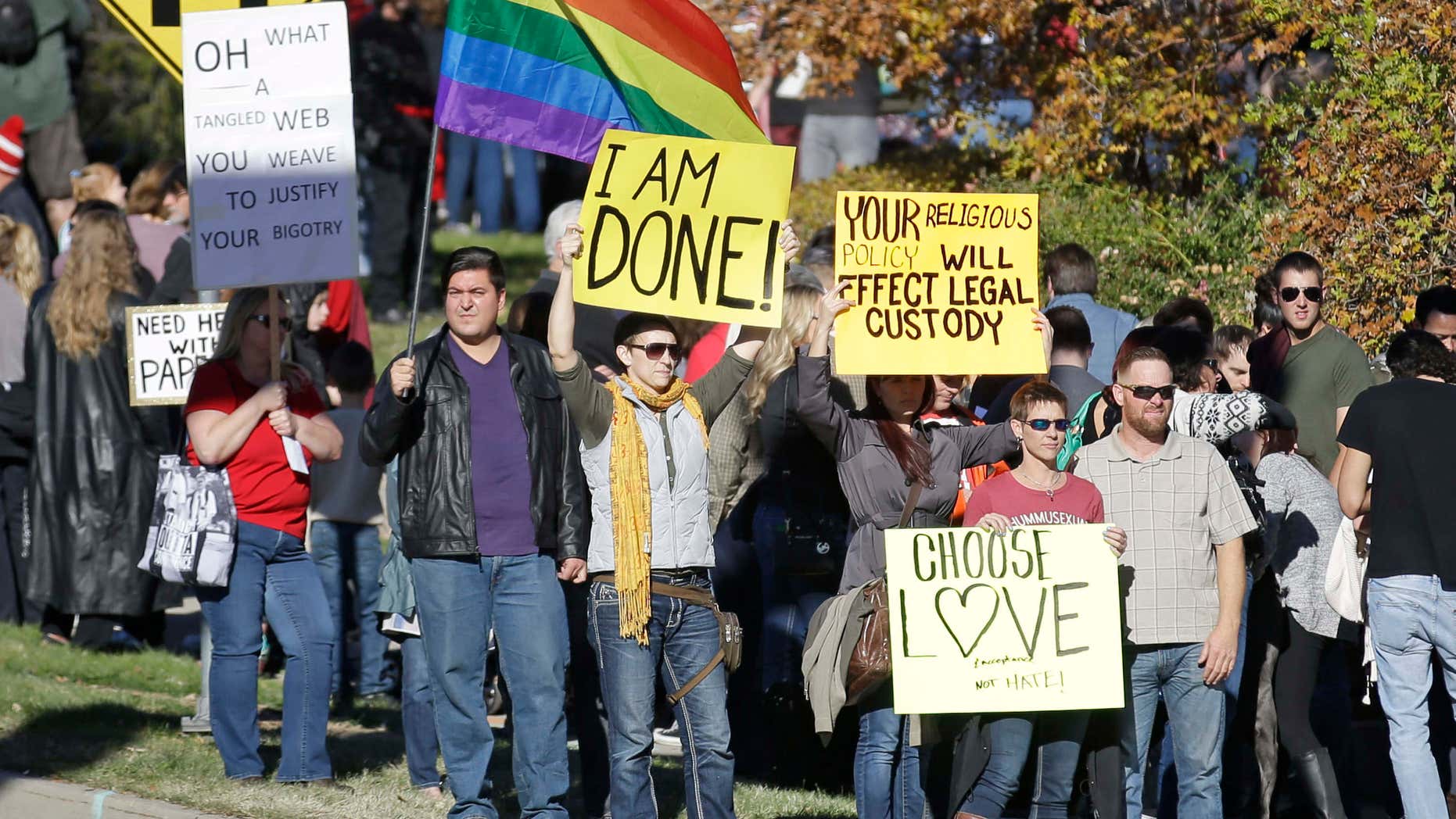 Nov. 14, 2015: People gather for a mass resignation from the Church of Jesus Christ of Latter-day Saints in Salt Lake City.