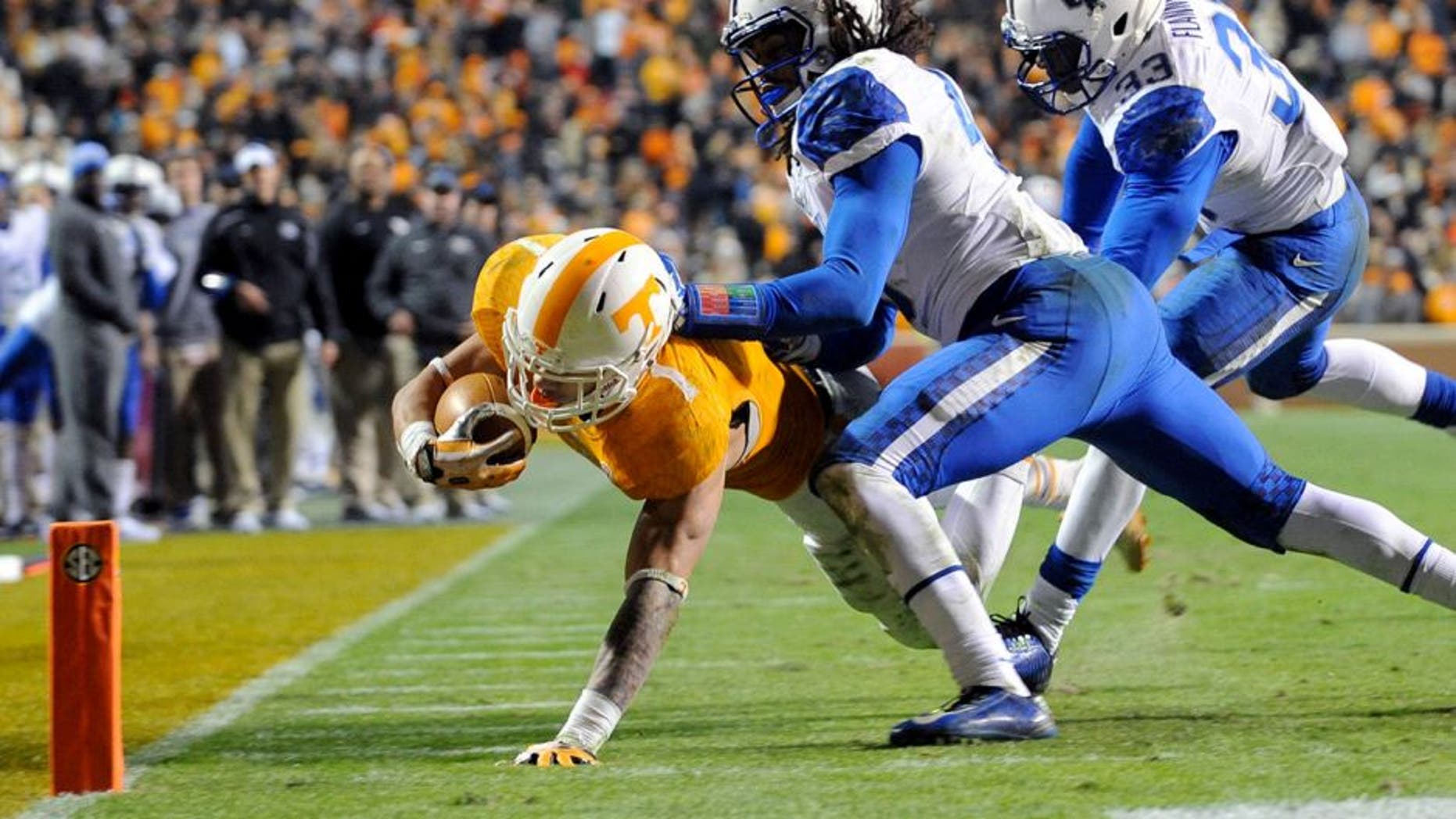 Nov 15, 2014; Knoxville, TN, USA; Tennessee Volunteers running back Jalen Hurd (1) dives for a touchdown against the Kentucky Wildcats during the third quarter at Neyland Stadium. Mandatory Credit: Randy Sartin-USA TODAY Sports