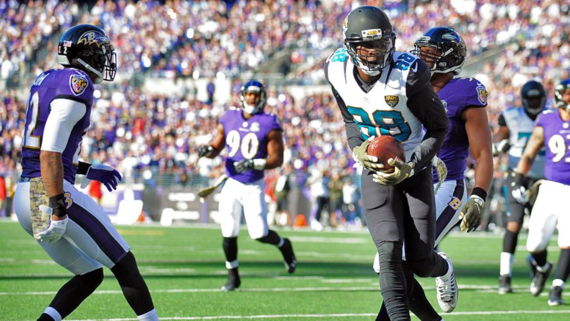Nov 15, 2015; Baltimore, MD, USA; Jacksonville Jaguars wide receiver Allen Hurns (88) scores a touchdown in the first quarter against the Baltimore Ravens at M&T Bank Stadium. Mandatory Credit: Evan Habeeb-USA TODAY Sports