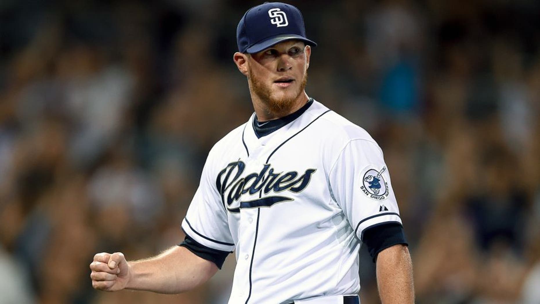 SAN DIEGO, CA - JULY 24: Craig Kimbrel #46 of the San Diego Padres celebrates after the final out during the game against the Miami Marlins at Petco Park on July 24, 2015 in San Diego, California. (Photo by Andy Hayt/San Diego Padres/Getty Images)