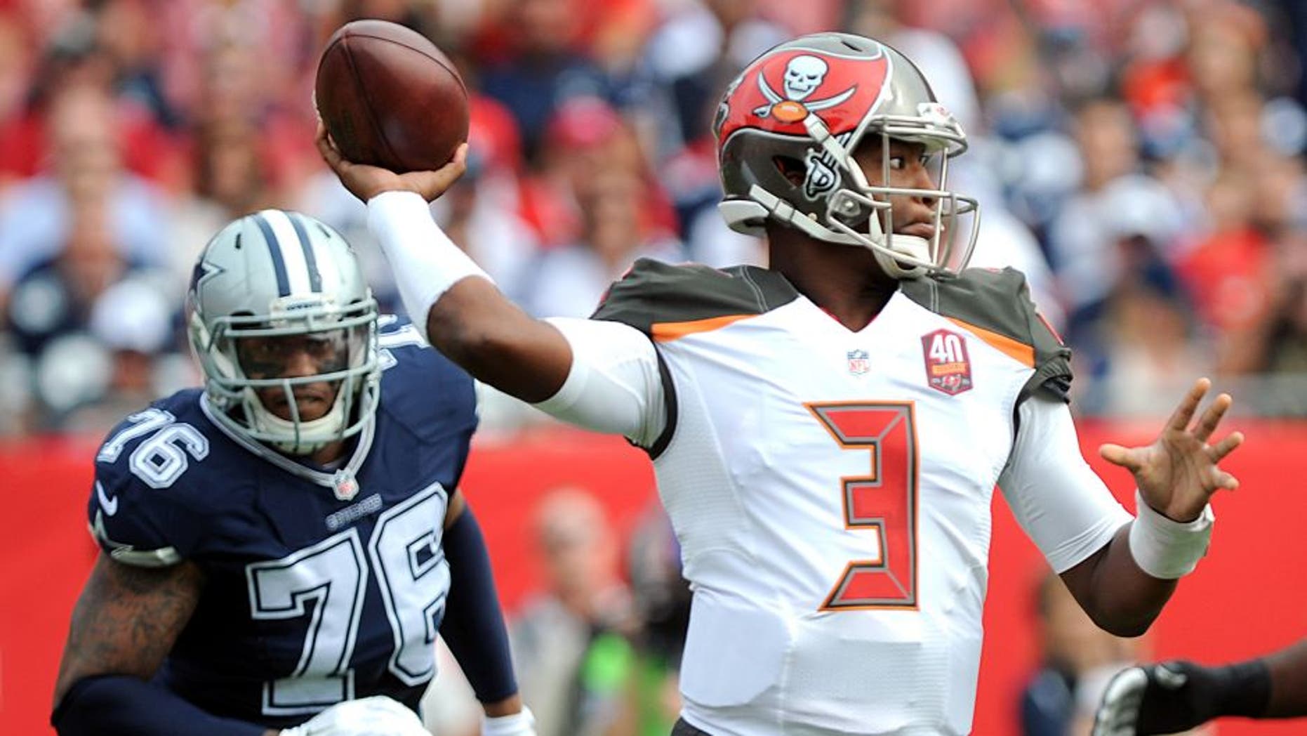 TAMPA, FL - NOVEMBER 15: Quarterback Jameis Winston #3 of the Tampa Bay Buccaneers passes against the Dallas Cowboys at Raymond James Stadium on November 15, 2015 in Tampa, Florida. (Photo by Cliff McBride/Getty Images)