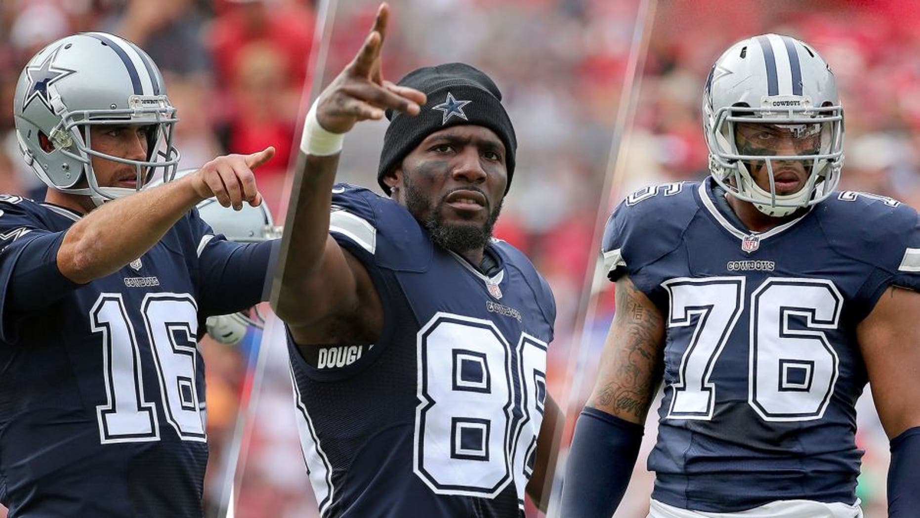 TAMPA, FL - NOVEMBER 15: Matt Cassel #16 of the Dallas Cowboys calls a play during a game against the Tampa Bay Buccaneers at Raymond James Stadium on November 15, 2015 in Tampa, Florida. (Photo by Mike Ehrmann/Getty Images) TAMPA, FL - NOVEMBER 15: Dez Bryant #88 of the Dallas Cowboys looks on during a game against the Tampa Bay Buccaneers at Raymond James Stadium on November 15, 2015 in Tampa, Florida. (Photo by Mike Ehrmann/Getty Images) TAMPA, FL - NOVEMBER 15: Greg Hardy #76 of the Dallas Cowboys looks on during a game against the Tampa Bay Buccaneers at Raymond James Stadium on November 15, 2015 in Tampa, Florida. (Photo by Mike Ehrmann/Getty Images)
