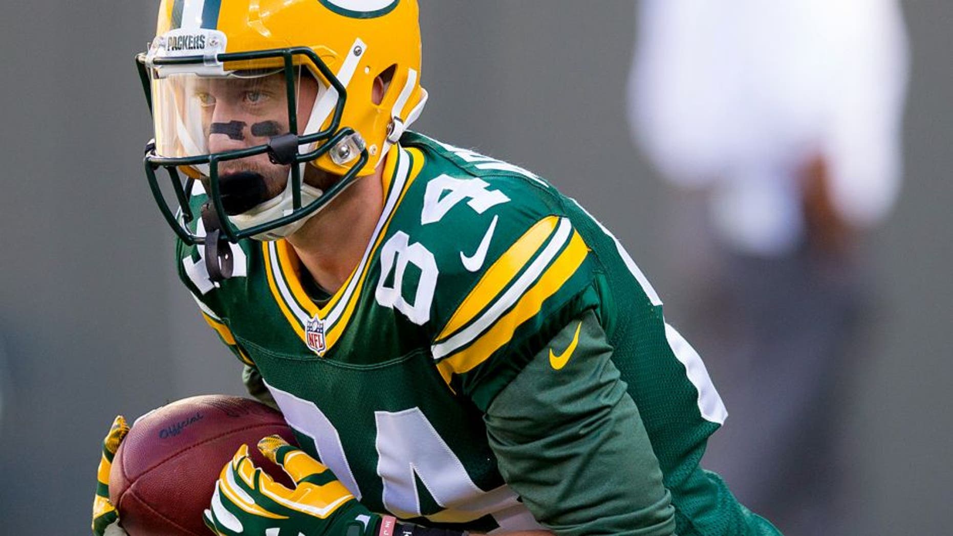 Sep 3, 2015; Green Bay, WI, USA; Green Bay Packers wide receiver Jared Abbrederis (84) during warmups prior to the game against the New Orleans Saints at Lambeau Field. Green Bay won 38-10. Mandatory Credit: Jeff Hanisch-USA TODAY Sports