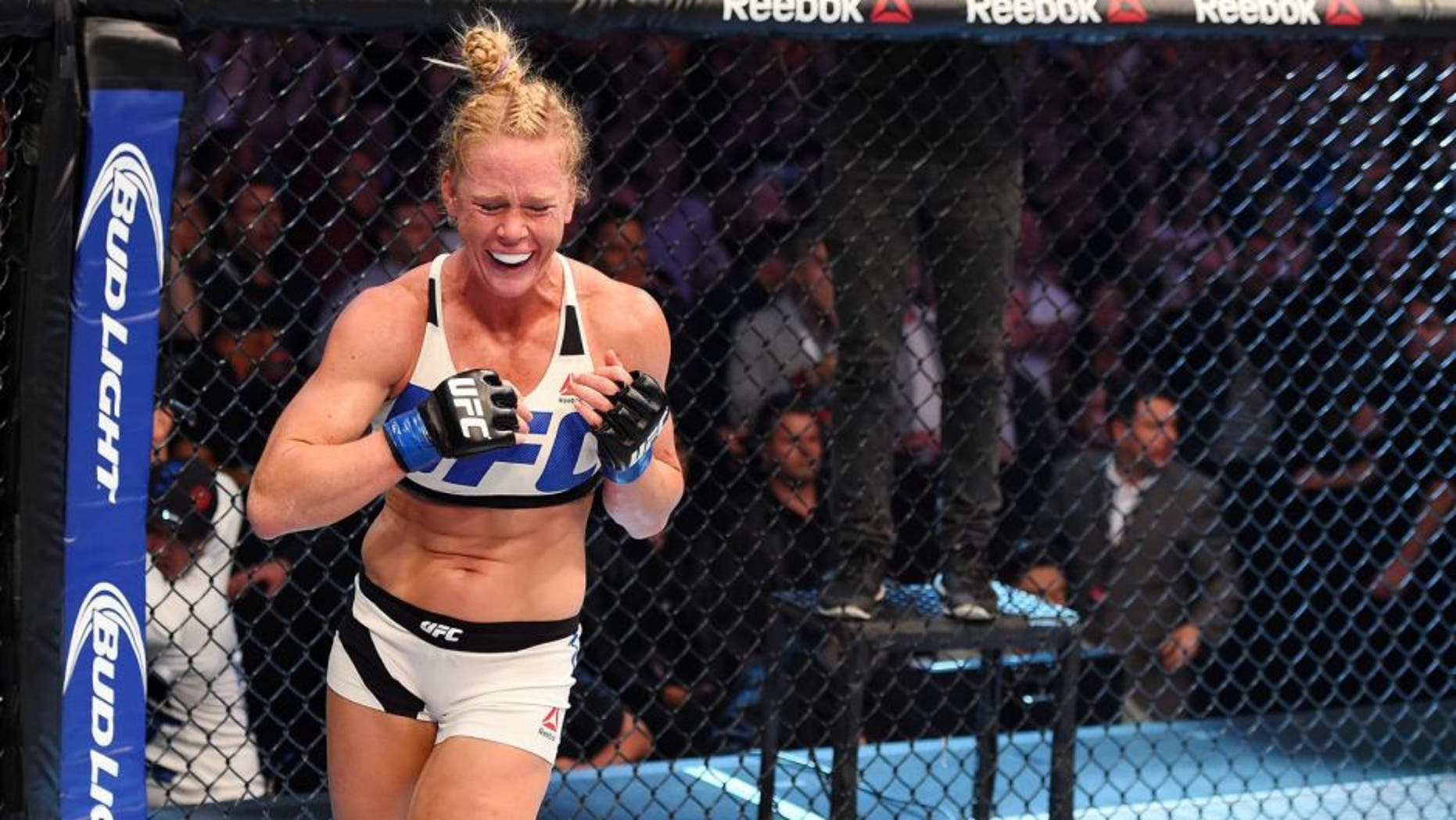 MELBOURNE, AUSTRALIA - NOVEMBER 15: Holly Holm celebrates her second round KO (head kick and punches) over Ronda Rousey (not pictured) in their UFC women's bantamweight championship bout during the UFC 193 event at Etihad Stadium on November 15, 2015 in Melbourne, Australia. (Photo by Josh Hedges/Zuffa LLC/Zuffa LLC via Getty Images)