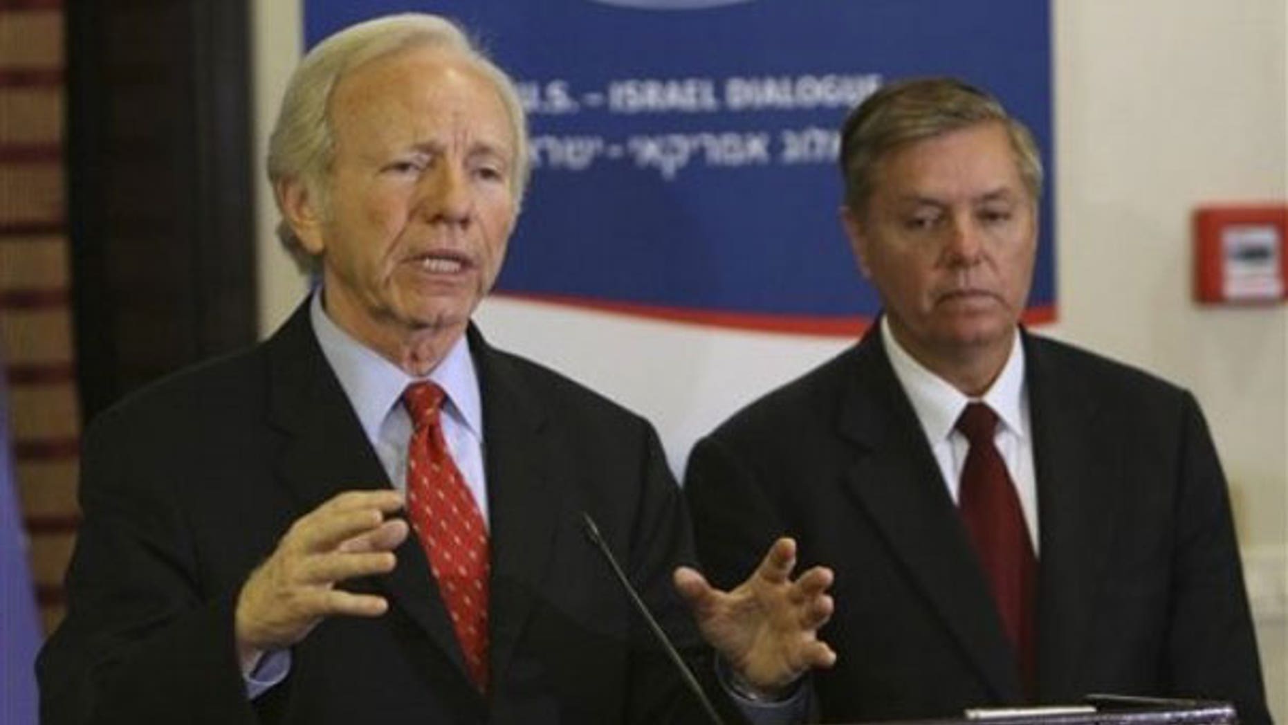 Nov. 16, 2009: Sen. Joe Lieberman, I-Conn., talks as Sen. Lindsey Graham, R-S.C., listens during a press conference at the Saban Forum in Jerusalem (AP).